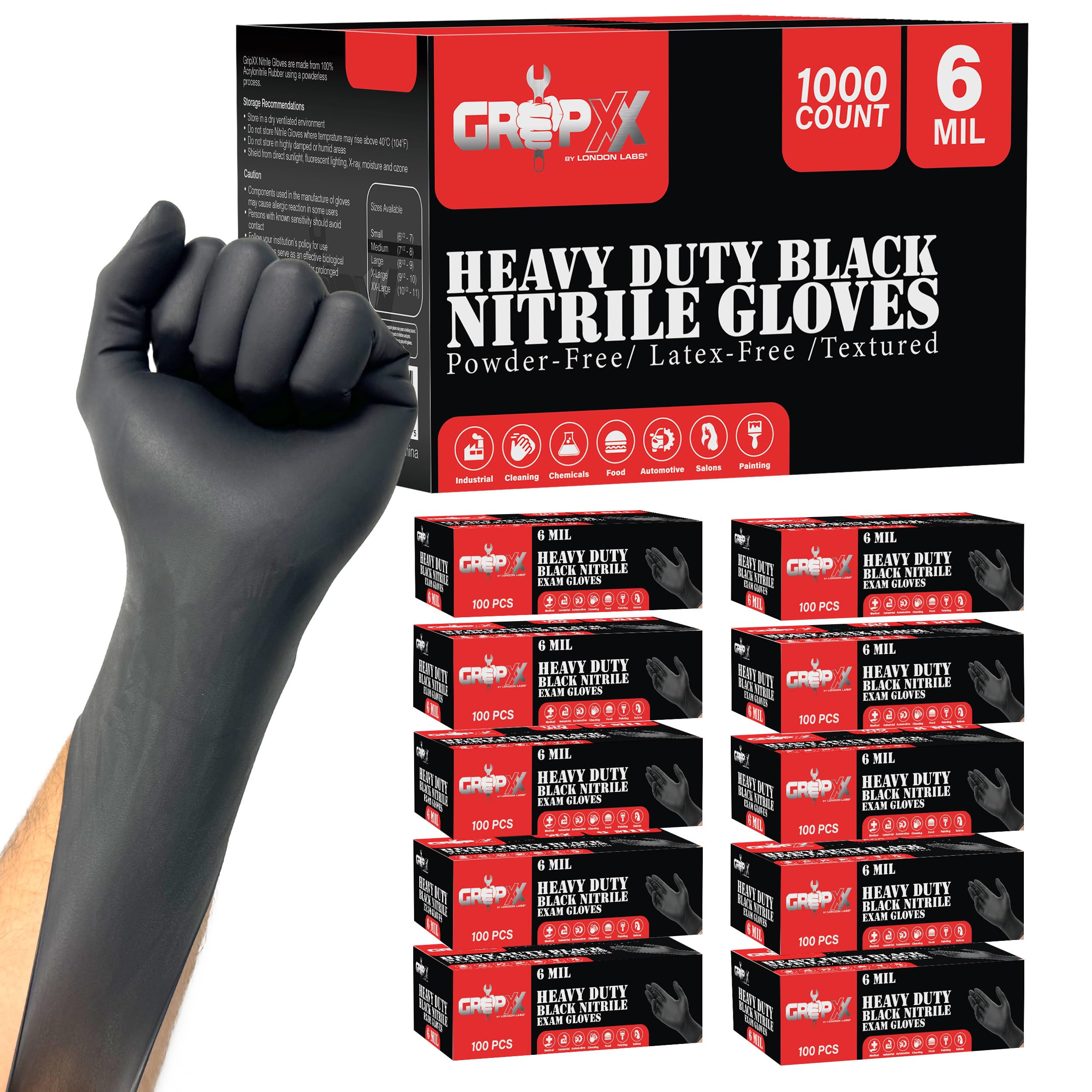 Heavy Duty Black Nitrile Gloves 6Mil Disposable Industrial Powder & Latex Free (Large, 1000 Count)