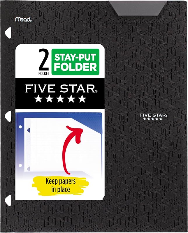 Carpeta Five Star de 2 bolsillos, carpeta de plástico con pestañas fijas, se adapta a carpetas de 3 anillas, admite papel de 8-1/2" x 11", negro (333420G-ECM)