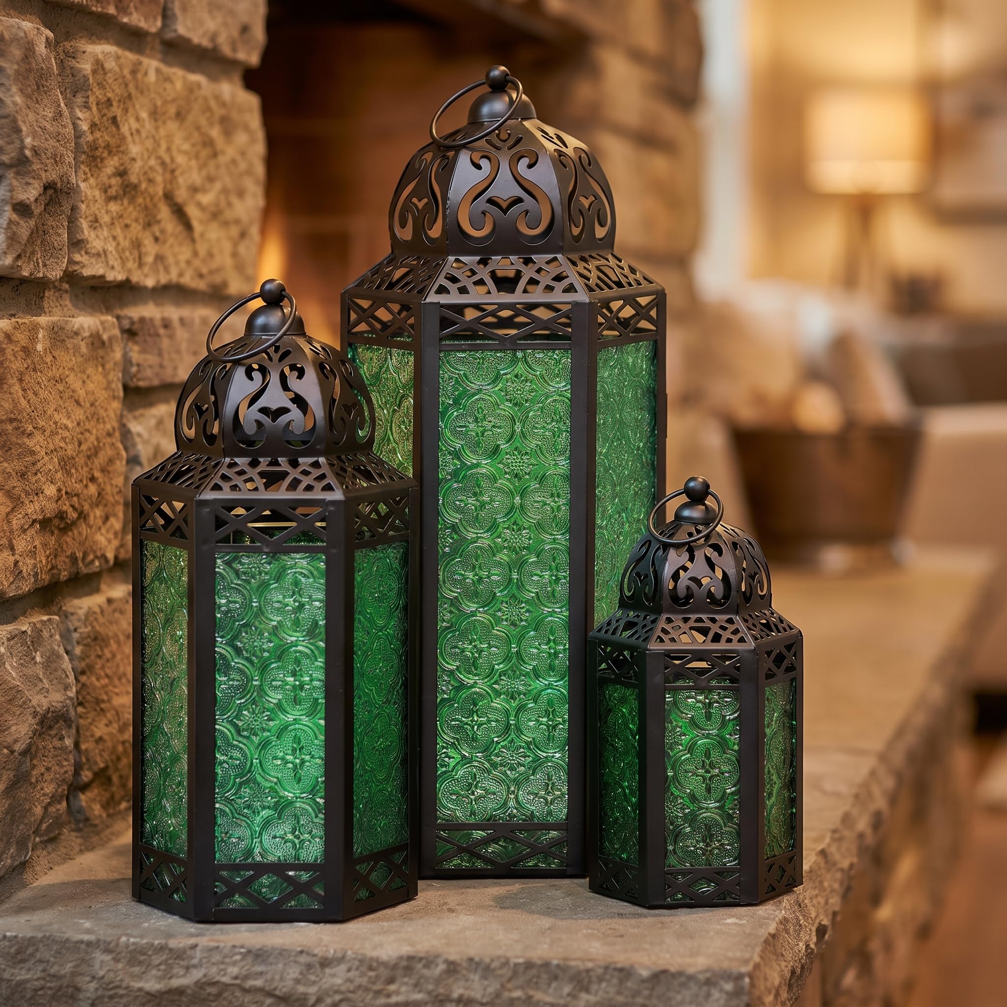 Vela Lanterns Juego de 3 faroles portavelas marroquíes Decorativos para Suelo, decoración de Ramadán, decoración Interior del hogar, Patio al Aire Libre o Porche, Halloween, Bodas, Verde