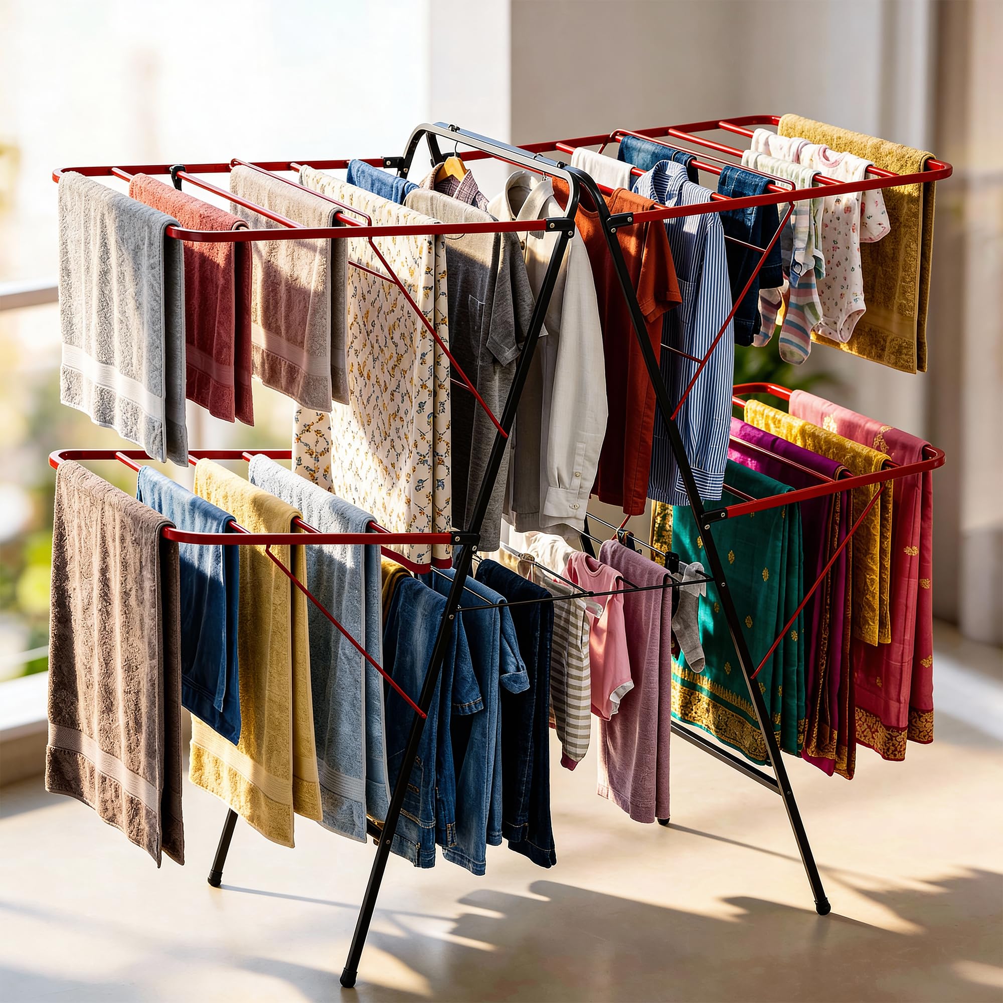 Minky Extra Large Heavy Duty Cloth Drying Stand | 56-Inch Wide Multi-Wing Foldable Clothes Airer | 24 Rods High Load Bearing Metal Rack with Powder-Coated Rust Resistance