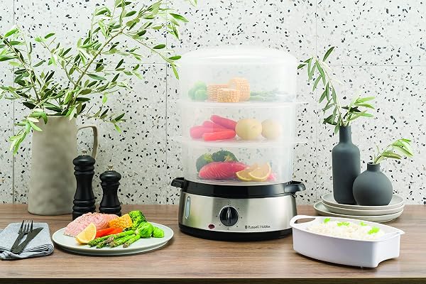 Russell Hobbs Vaporiera 9,0 l - Multicottura: 3 contenitori per cottura a vapore lavabili in lavastoviglie - Ciotola per Riso; 6 portauova; timer 60 minuti; Spegnimento automatico; No BPA, 19270-56 - 1