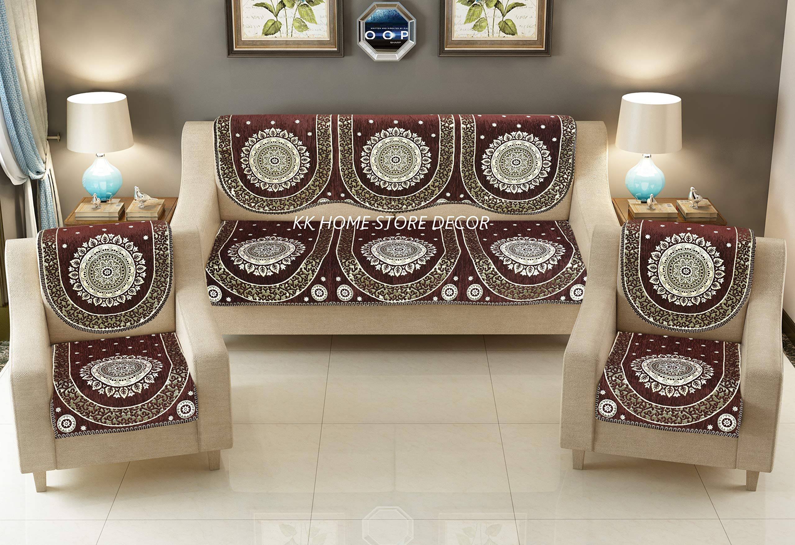 Kk Home Store Decor Exclusive Royal Look 500 TC Floral Design 5 Seater Velvet Sofa Cover with Heavy Fabric ( Multicolour , Standard ) Set of 10 Piece