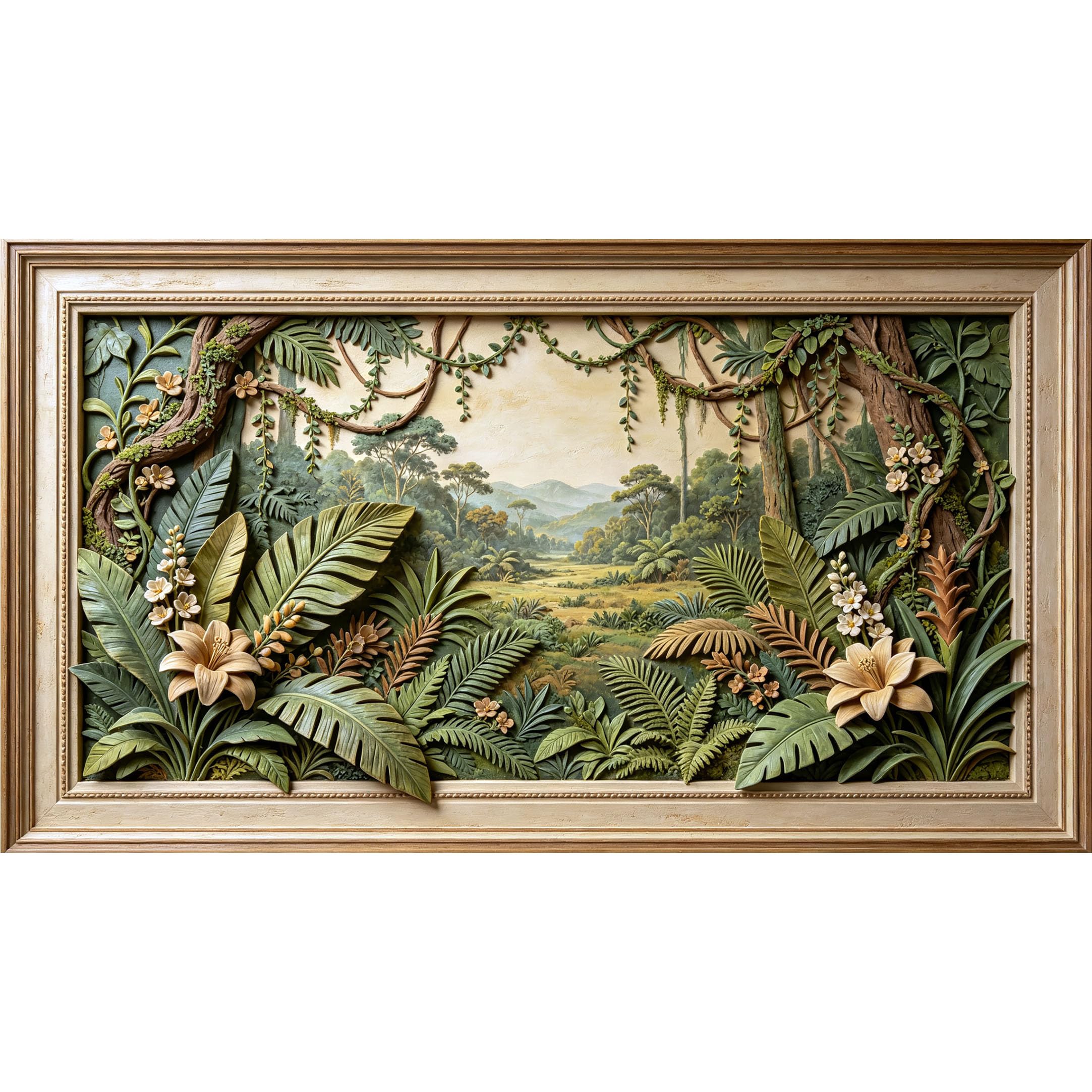 QZLITHOTIC 50×90cm3D Framed Wall Art， Tropical Jungle Botanical Relief Mural， WaterActivated Peel & Stick Fabric Decor Wall Decal for Bedroom Living Room