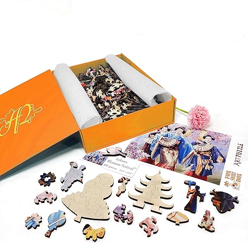 Miniatura 3 de Rompecabezas de madera para adultos, piezas de forma única, fabricado en Estados Unidos por FoxSmartBox - 437 piezas - Festival de flores de Sakura