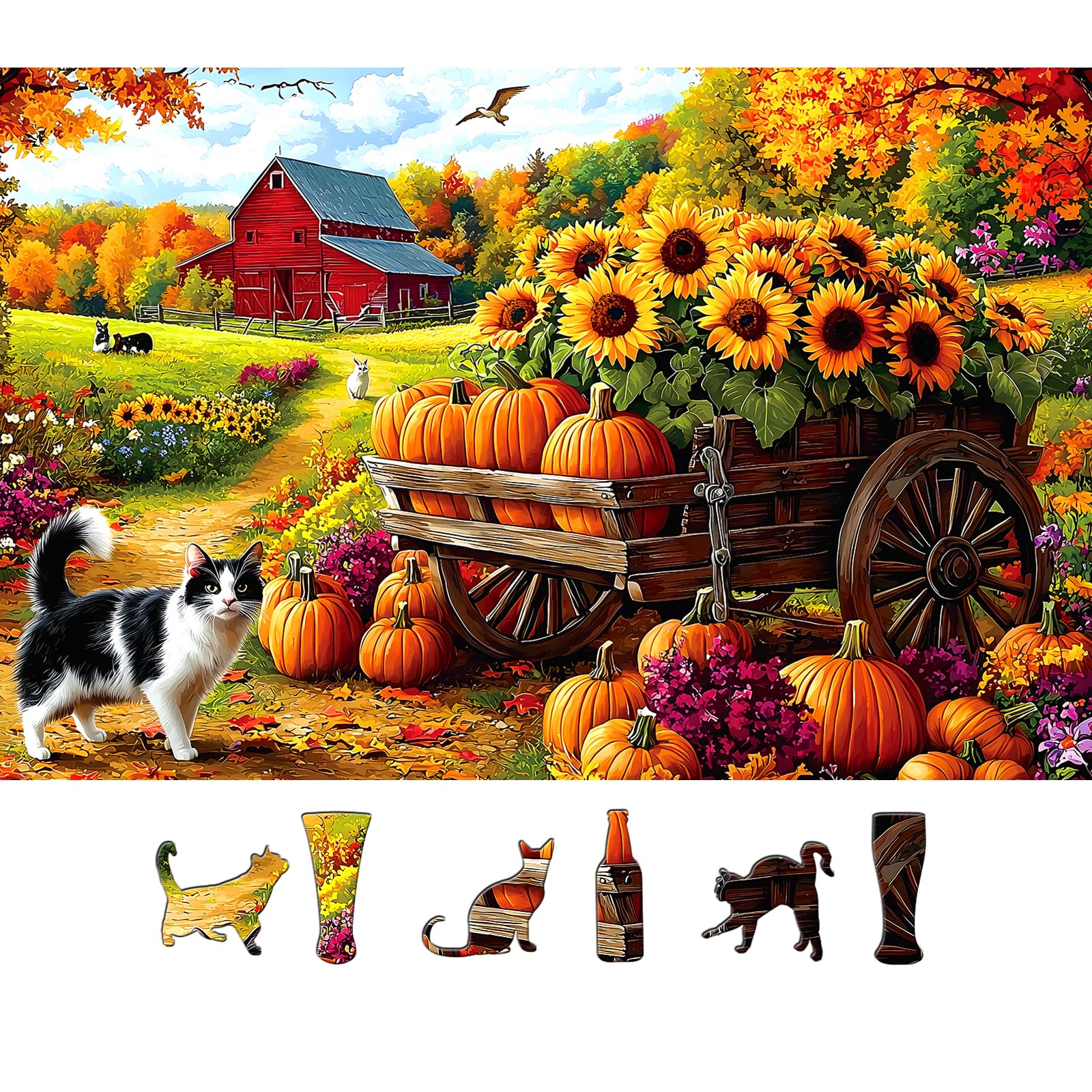 MINIWAN Fall Harvest Farm Pumpkin Sunflower 500 Piece Puzzle for Adults | Jigsaw Puzzles with Letters on Back, Unique Shaped Pieces, Home Decor Birthday Party Gift for Men Women Seniors 23"x15" Autumn Farm Scene 23" X 15"