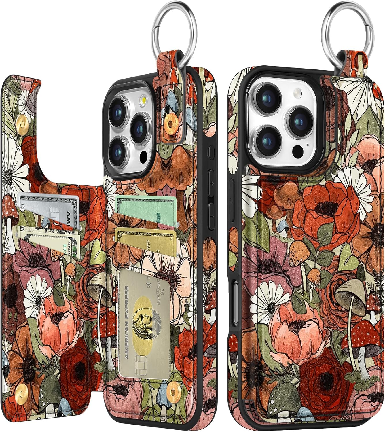 Compatible with iPhone 16 Pro Wallet Case with Card Holder - Cute Fashion Flower Mushroom Design Kickstand for Magnetic Clasp Back Flip Folio Leather Phone Covers for Women Men Girls