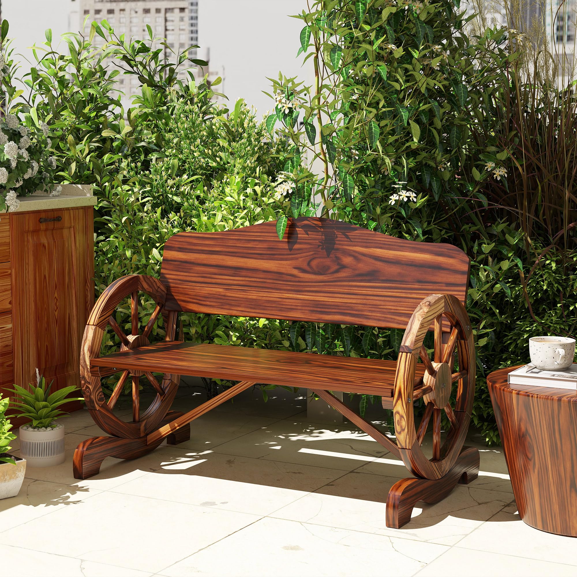 Outsunny Gartenbank Holz, 2-Sitzer Sitzbank mit Rücken- und Armlehnen, Holzbank im Rädernform, wetterfest Parkbank 240kg belastbar, Balkonbank für Balkon Terrasse, Garten, 110 x 55 x 80 cm, Verkohlt