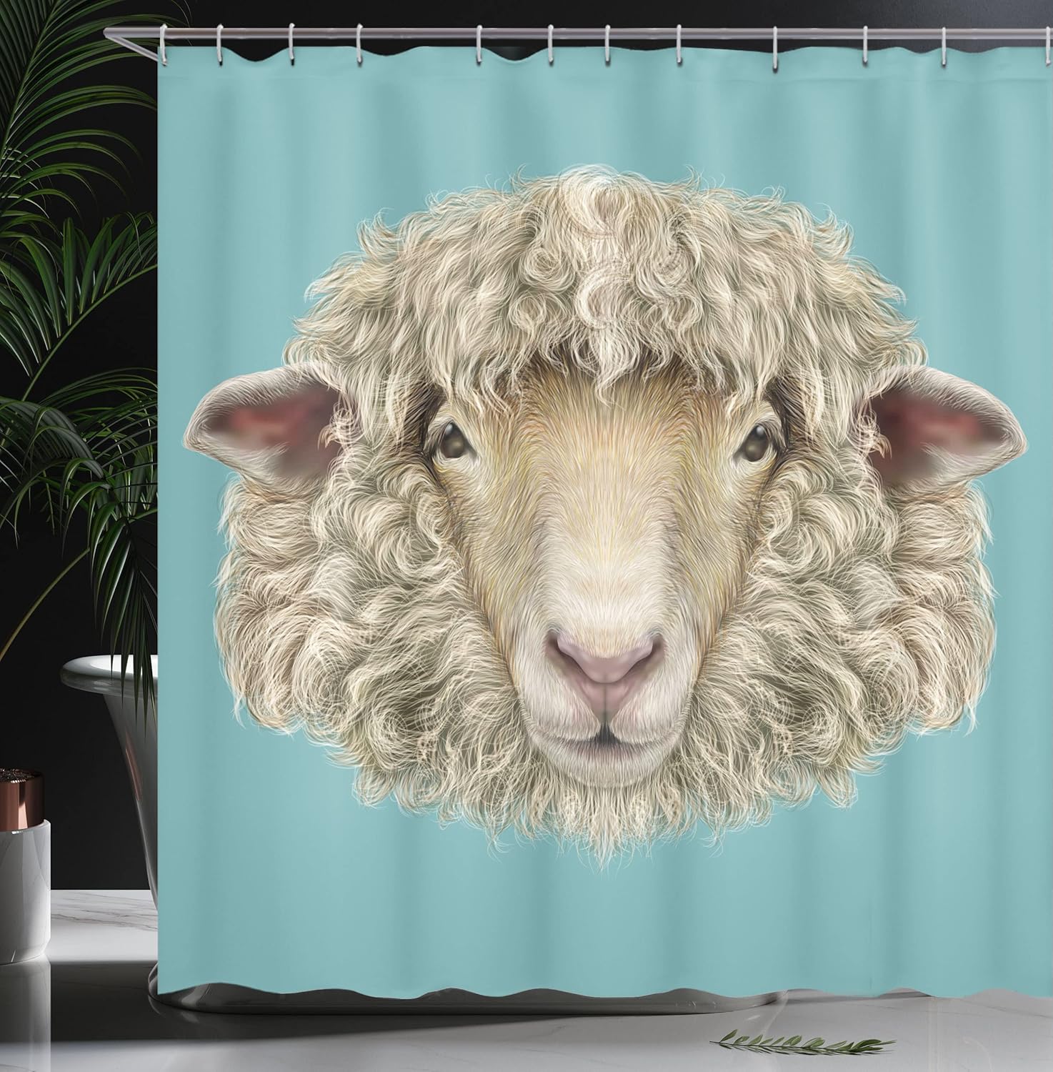 Ambesonne Humor Shower Curtain, Portrait of Ram Sheep Goat Head Meadow Mammal Hipster Retro Style Graphic Art, Cloth Fabric Bathroom Decor Set with Hooks, 69" W x 75" L, Turquoise Tan