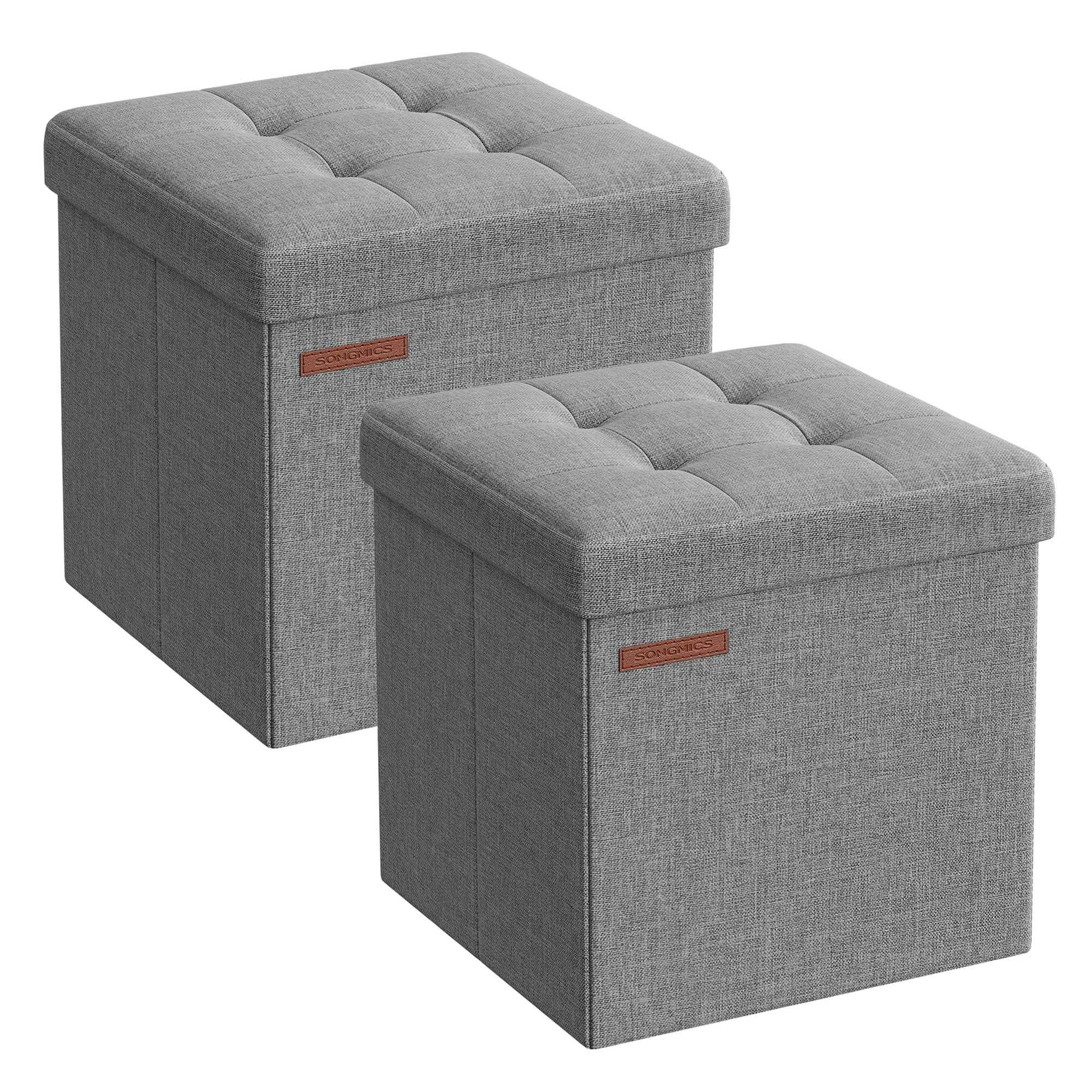 SONGMICS 11.8 Inches Folding Storage Ottoman Bench, Set of 2, Storage Chest, Foot Rest Stool, Bedroom Bench with Storage, Light Gray ULSF028G22