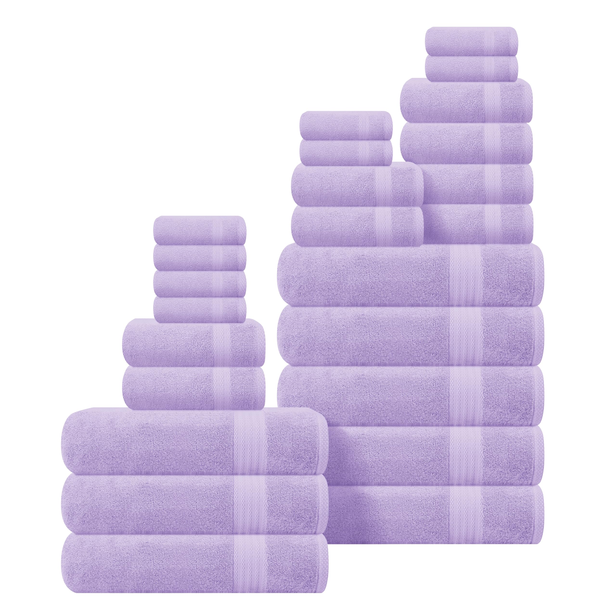 GLAMBURG Ultra Soft 24-Piece Towel Set - 100% Pure Ringspun Cotton, Contains 8 Oversized Bath Towels 27x54, 8 Hand Towels 16x28, 8 Wash Cloths 13x13 - Ideal for Everyday use, Hotel &amp; Spa - Purple