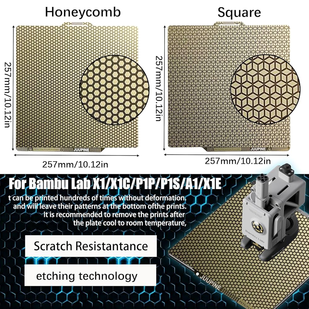 For Bambu Lab A1/X1C/X1/X1E/P1P/P1S 3D Printers, 3D Printers 257x257mm Spring Steel Plate (Double-Sided PEI Gold Frosted Texture