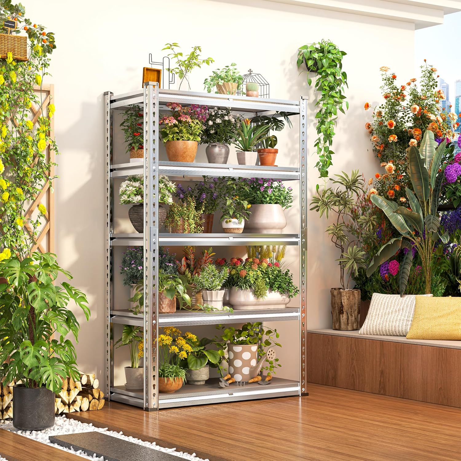 5 Tier Storage Shelves Heavy Duty Load 2000LBS,Metal Shelving Unit and Storage with PP Broad,Adjustable Pantry Shelves forCloset Kitchen Basement Warehouse,60"H x 27.5"W x 11.8"D, Sliver Shelves
