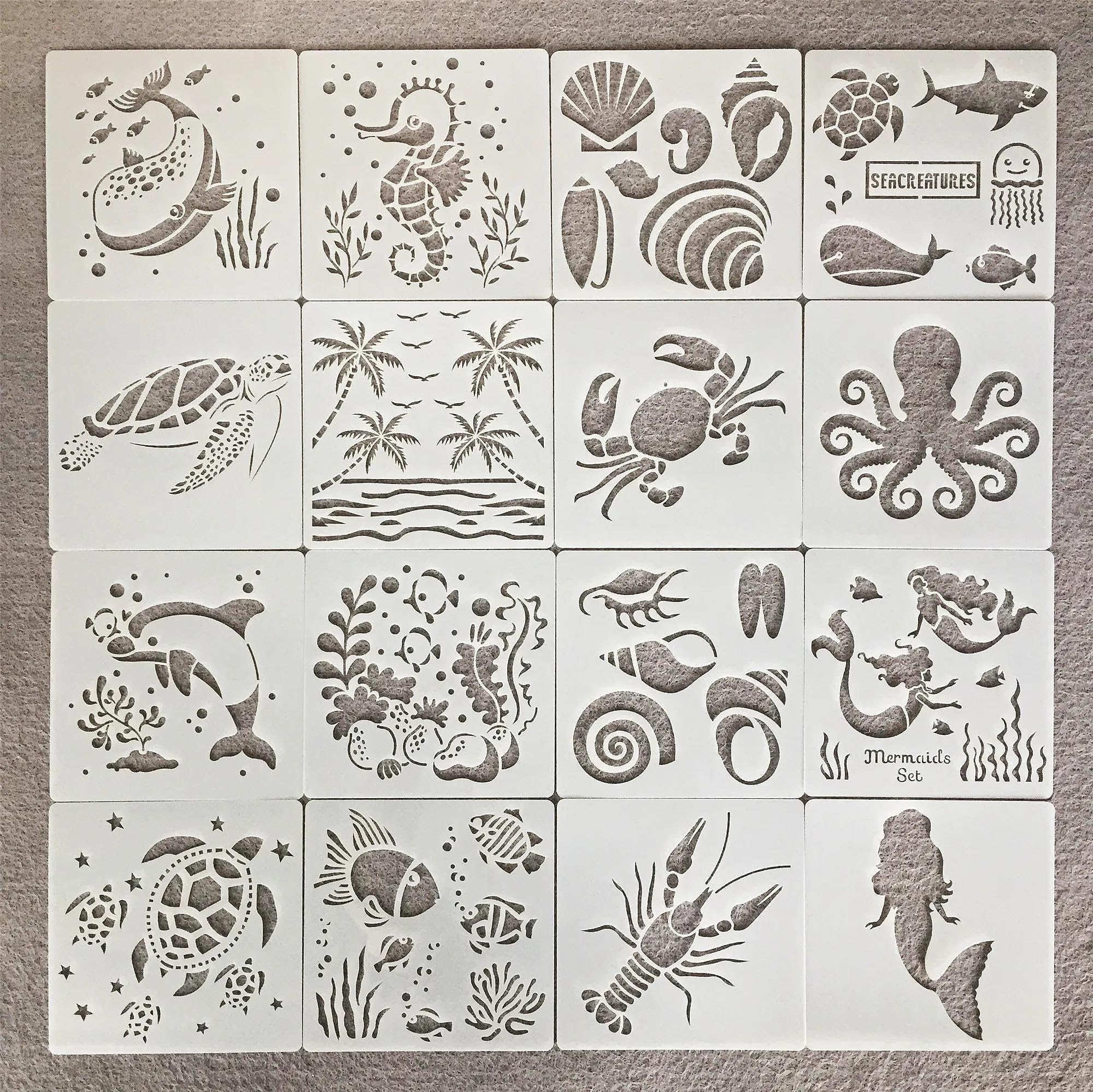 Plantillas reutilizables para pintar, 16 unidades, 15 cm, diseño de animales marinos para pintar sobre madera, lienzo, roca, tela, suelo, azulejos, decoración del hogar
