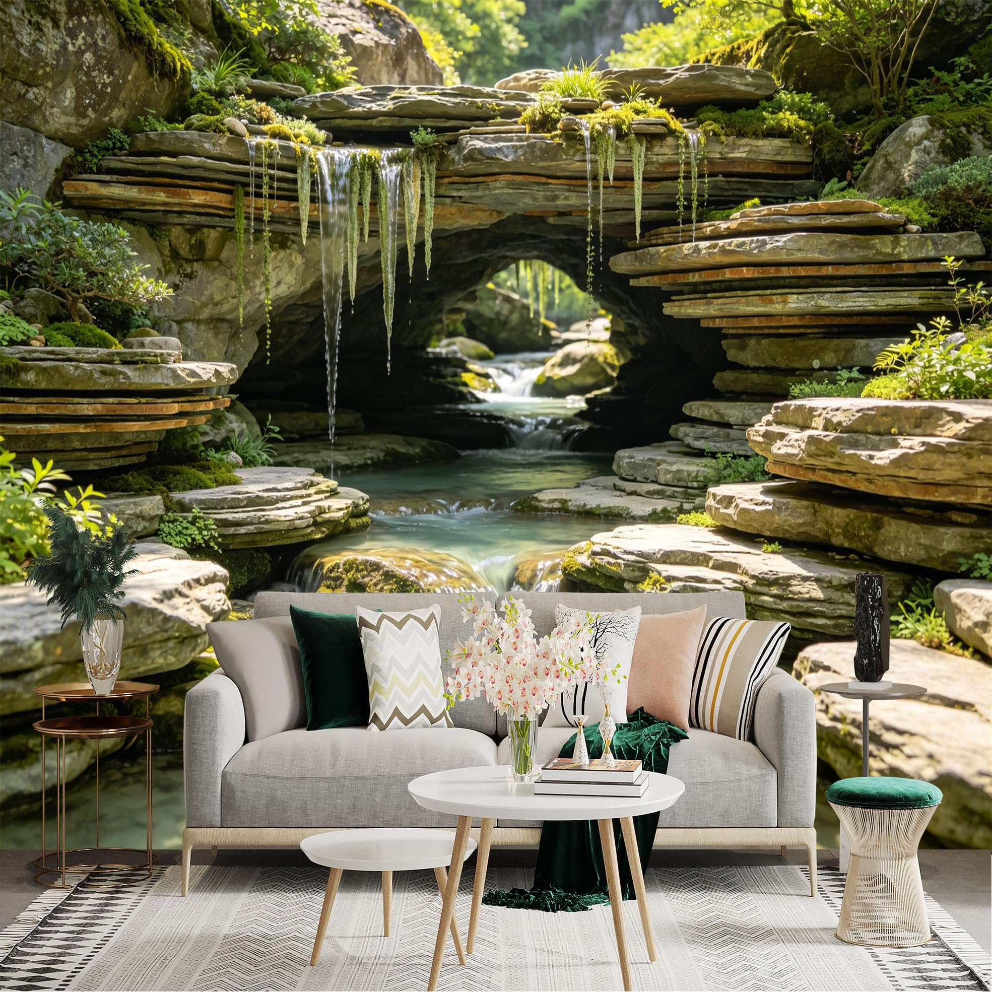 Lnzczhyre Dbh260521158 Custom Size Wall Sticker Mural， Serene Waterfall With Mossy Stone Arch， Natural Mountain Creek， Tranquil Forest Stream， For Wall Decoration， Peelandstick Wall Decals.