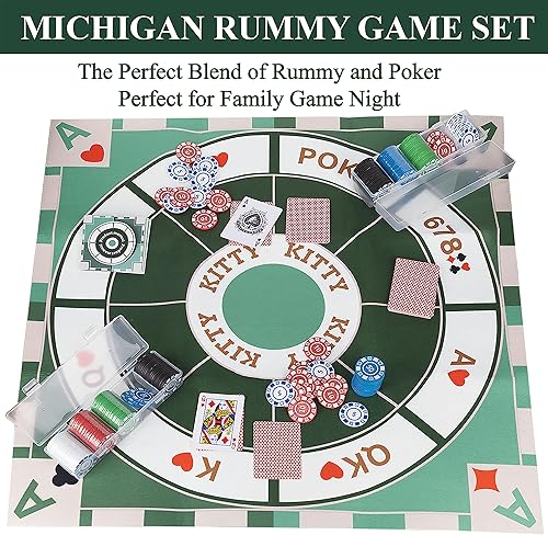 Miniatura 2 de Extguds Michigan Rummy Deluxe - Juego de mesa de fieltro + 2 cajas de fichas de juego (200 piezas) + 1 baraja de póker + 1 manual de juego. La