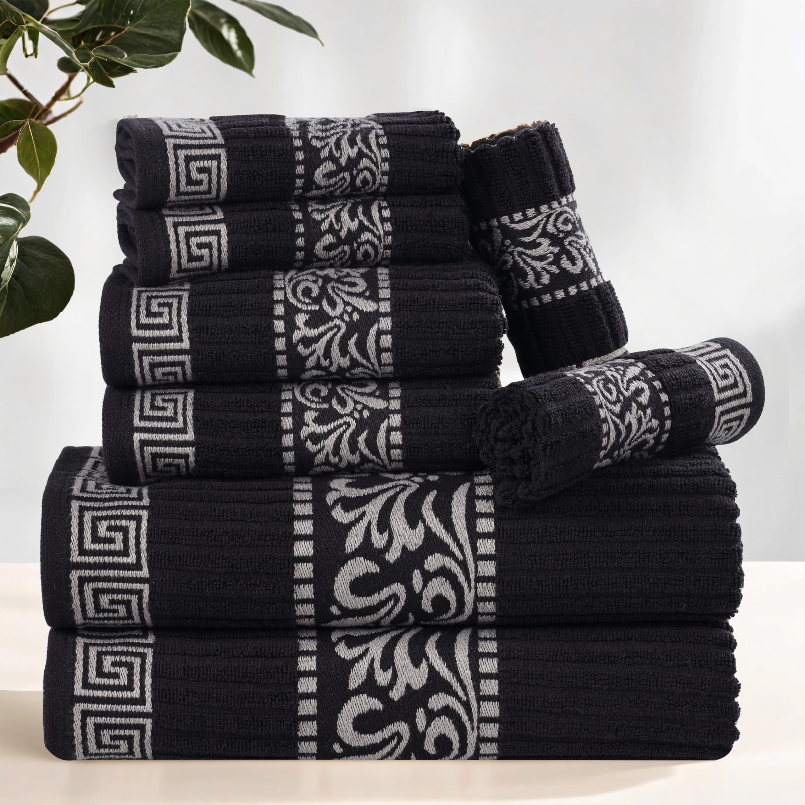 Superior Set di 8 asciugamani in cotone, motivo greco, elementi essenziali per la casa, assorbenti, arredo bagno, spa, include 2 asciugamani per mani, 2 viso e 4 asciugamani da bagno, collezione