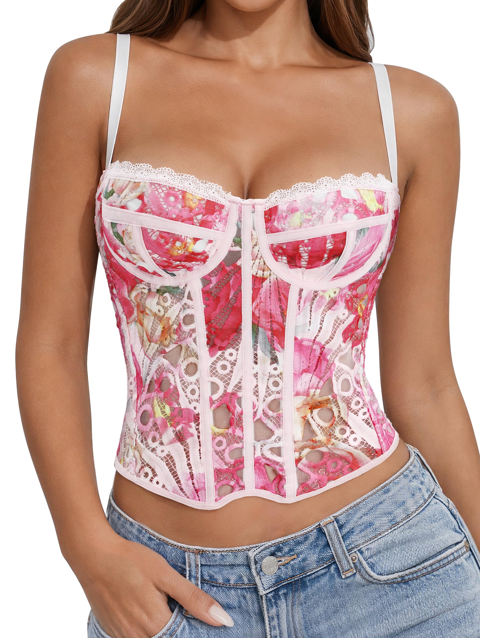 LEACOOLKEY Corsetto per Donna Top Bustier Sexy in Pizzo e Mesh Che Escono Top Corto con Spalline per Uscite Serate Appuntamenti e Feste-