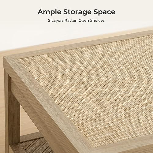 Miniatura 4 de SICOTAS Mesa de centro de ratán para sala de estar, mesa central de comedor rectangular bohemia con estante de almacenamiento de ratán de 2 niveles,