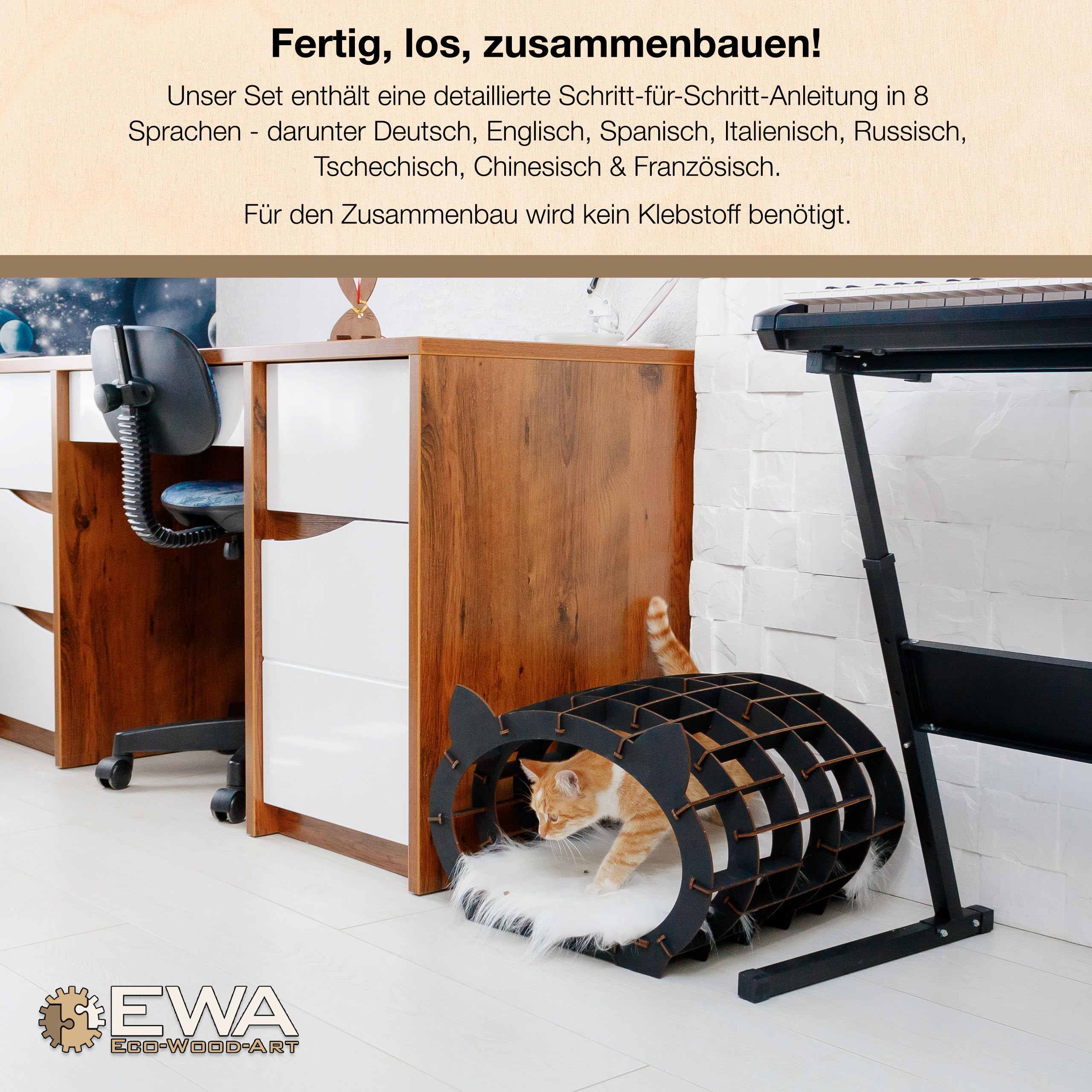 EWA Eco-Wood-Art - Cat's House (Wooden House+White Fur)- Puzzle 3D en Bois - Casse-tête pour Adultes et Adolescents -à Monter soi-même sans Colle- 152 pièces