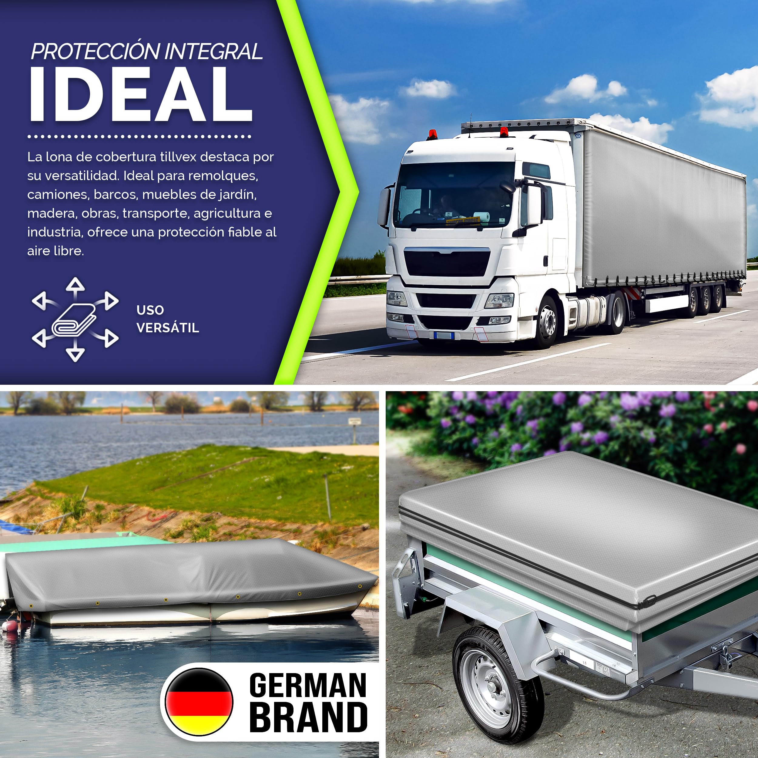 tillvex® Lona con Ojales + 10 Ganchos y Cuerda de 15 m, Lona de 650 g/m² Exterior, Impermeable y al desgarro, Lona de PVC Universal para Camiones, Piscinas, Muebles de jardín, Cubierta Madera,