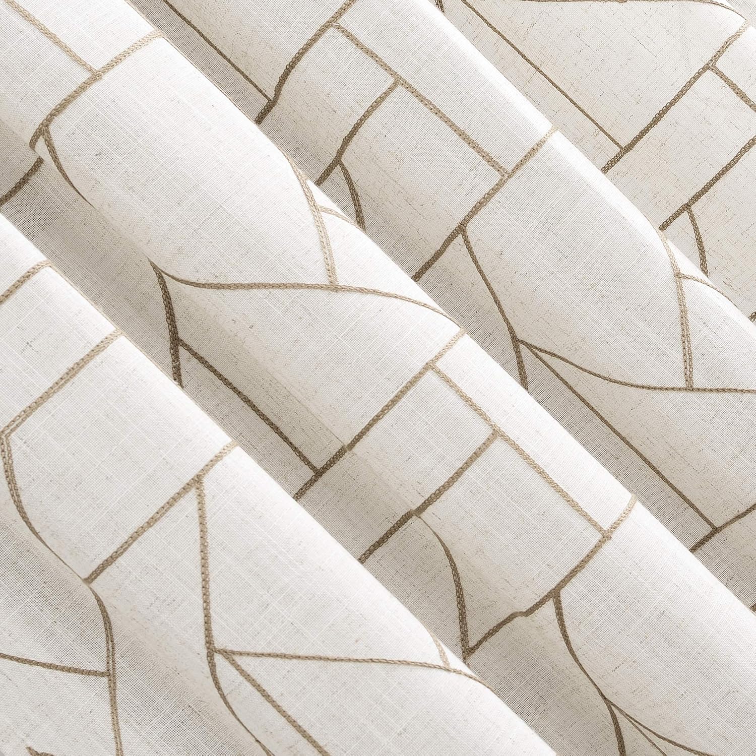 Archaeo Fragmented Geometric Embroidery Mid-Century Modern Natural Linen Blend Curtain, 50" x 108", Mocha/Linen