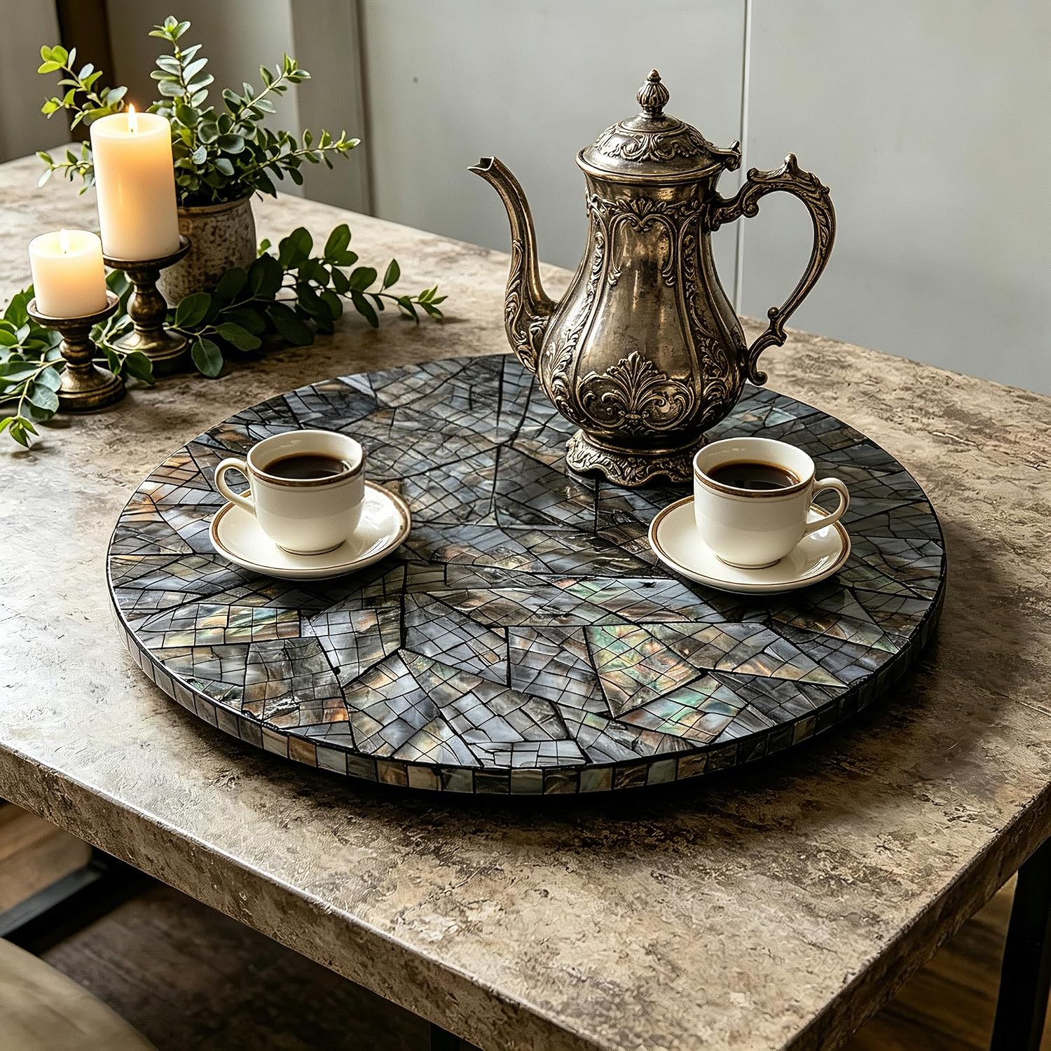i-lan 18 Inch Mother of Pearl Lazy Susan Turnable Black Mosaik Large Decorative Round Rotating Tray for Dining Table,Cabinet,Countertop,Kitchen and Tabletop.