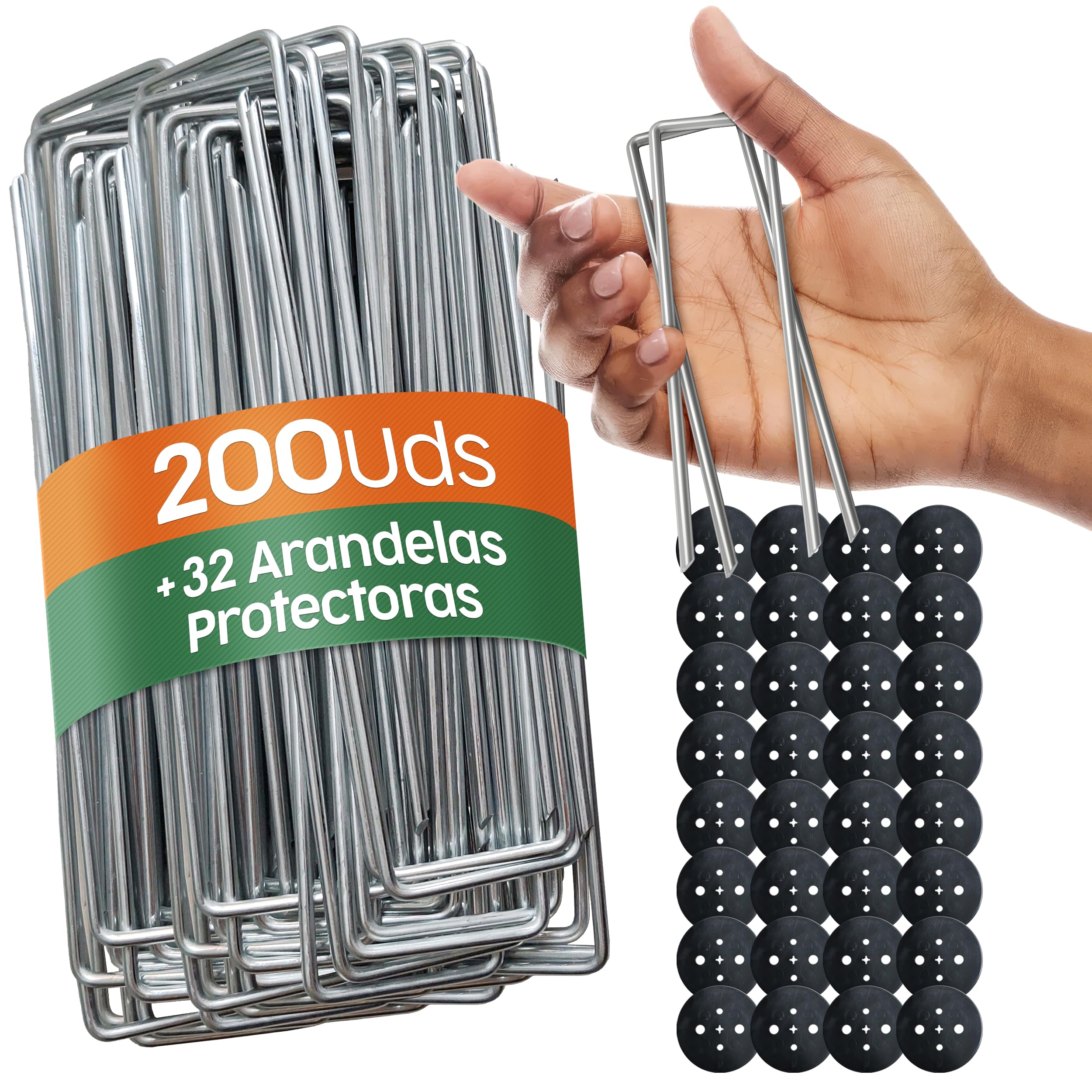 PORTENTUM Grapas Césped Artificial 50 Uds + 8 Arandelas – Piquetas Camping Suelo Duro – Estacas para Tomateras – Grapas Malla Antihierbas – 150 mm Alto – Ancho Ajustable – 3 mm Grosor — view 9