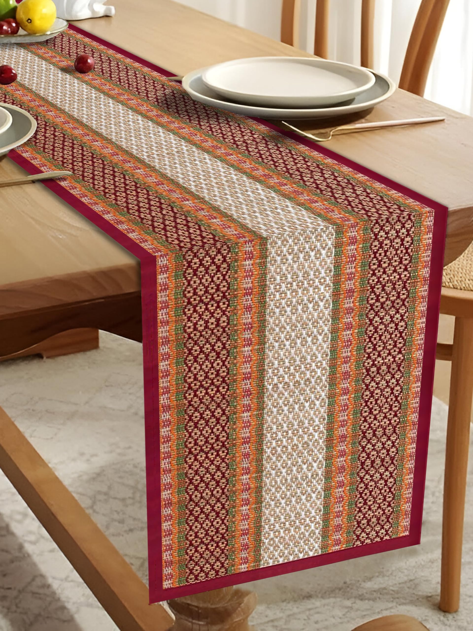 KalaTree Handmade River Korai Grass Table Runner 60 inch | Heat Resistant Reversible Runner for Dining Centre Table Decor | Natural Eco Friendly Zero Plastic Madurkathi | Maroon White Runner-picture-29