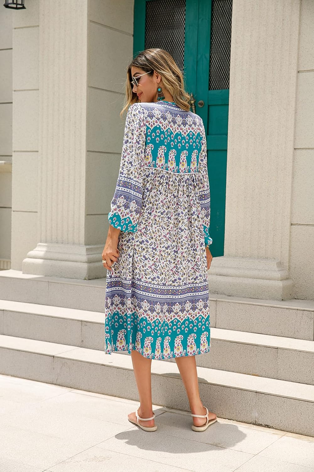 R.Vivimos Women's Long Sleeves Floral Print Retro V Neck Tassel Casual Bohemian Midi Dresses - Image 2