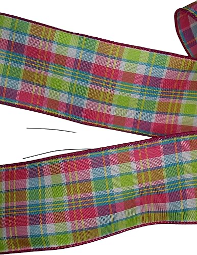 Miniatura 3 de 10" Pink, Lime Green and White Plaid Spring Wired Wreath Bow