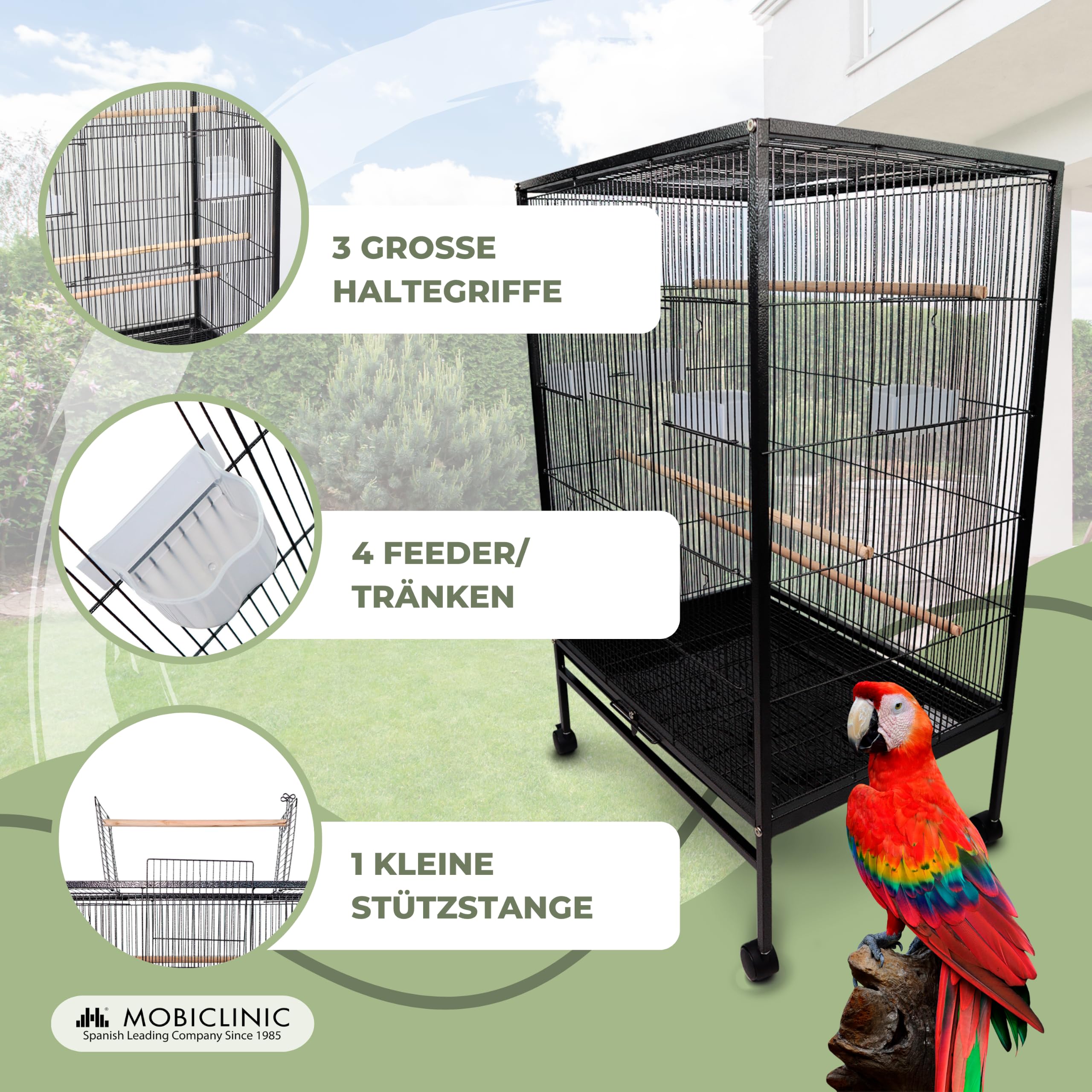 Mobiclinic®, Vogelkäfig, XL, Transporträder, Bremsen, Öffnung nach Oben, Herausnehmbares Tablett, 8 Türen, Großformat, 95x43x61,5 cm, Futterstellen, Tränken, Sitzstangen, Ruhebarsch, NINFA