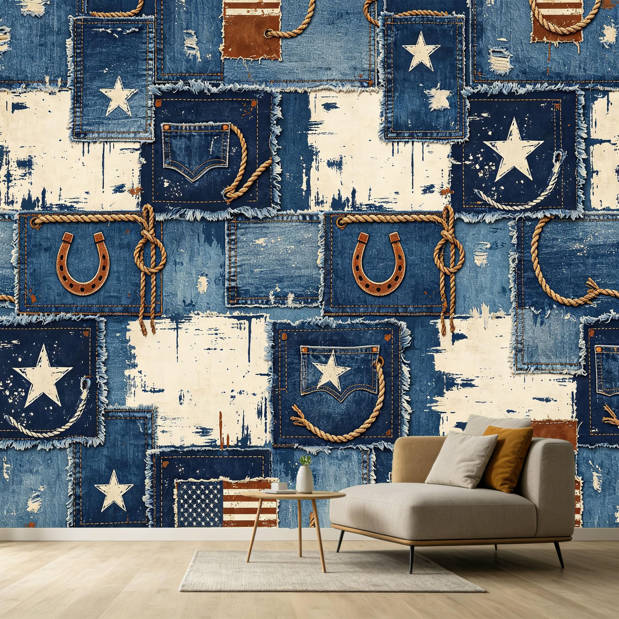 Custom Size Wall Murals Western Farmhouse Style Denim Patchwork Star Horseshoe Rope Textured SelfAdhesive Wall Fabric Removable Large Wallpaper Photo for Living Room