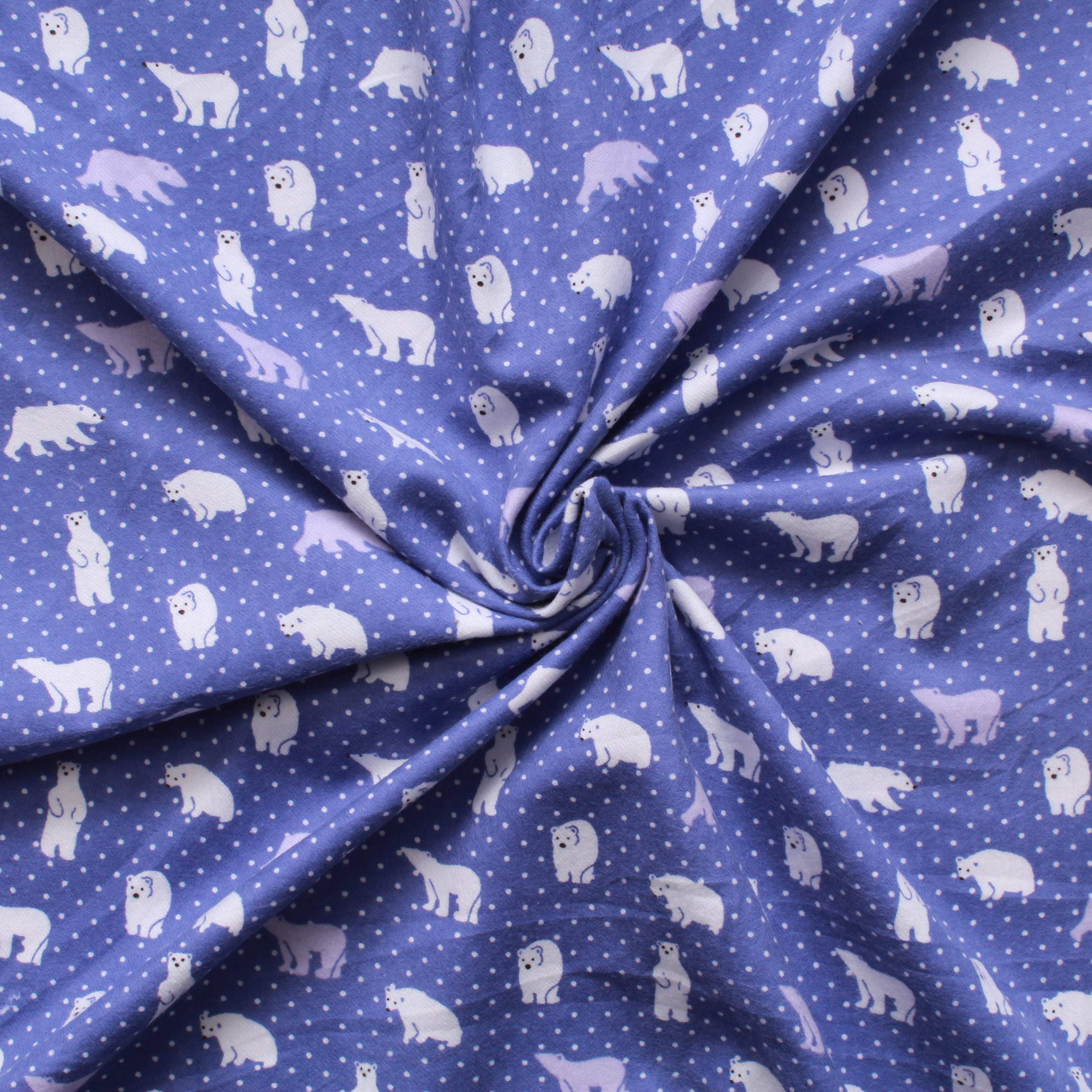 1/2 Metre | Brushed Cotton Polar Bear with Polka Dots Royal Blue Festive 100% Cotton Flannel Fabric Winceyette Material Night Dress Pajamas Shorts Sweatshirts Flannelette 44" Wide