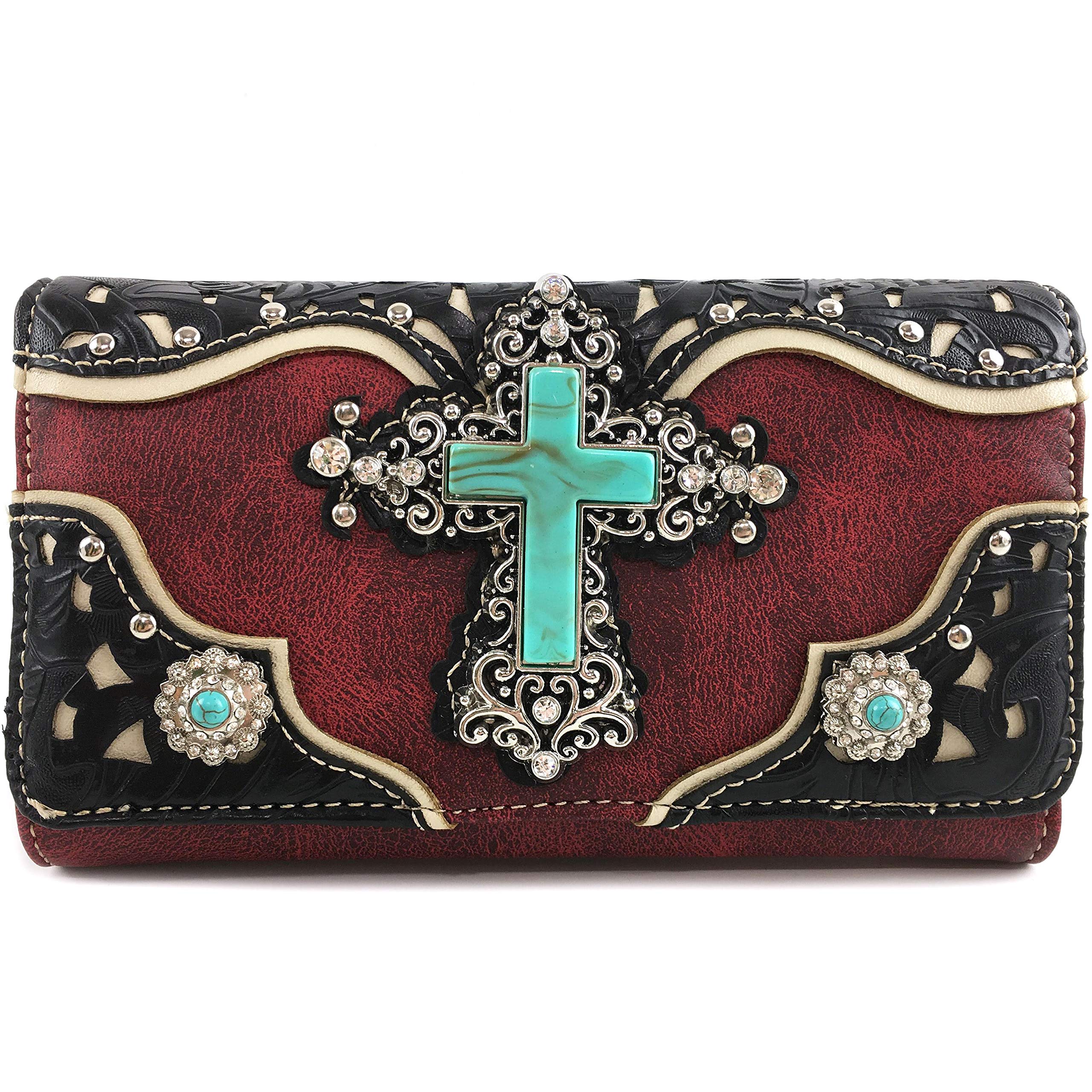 Zelris Turquoise Rhinestone Cross Western Women Crossbody Wrist Trifold Wallet