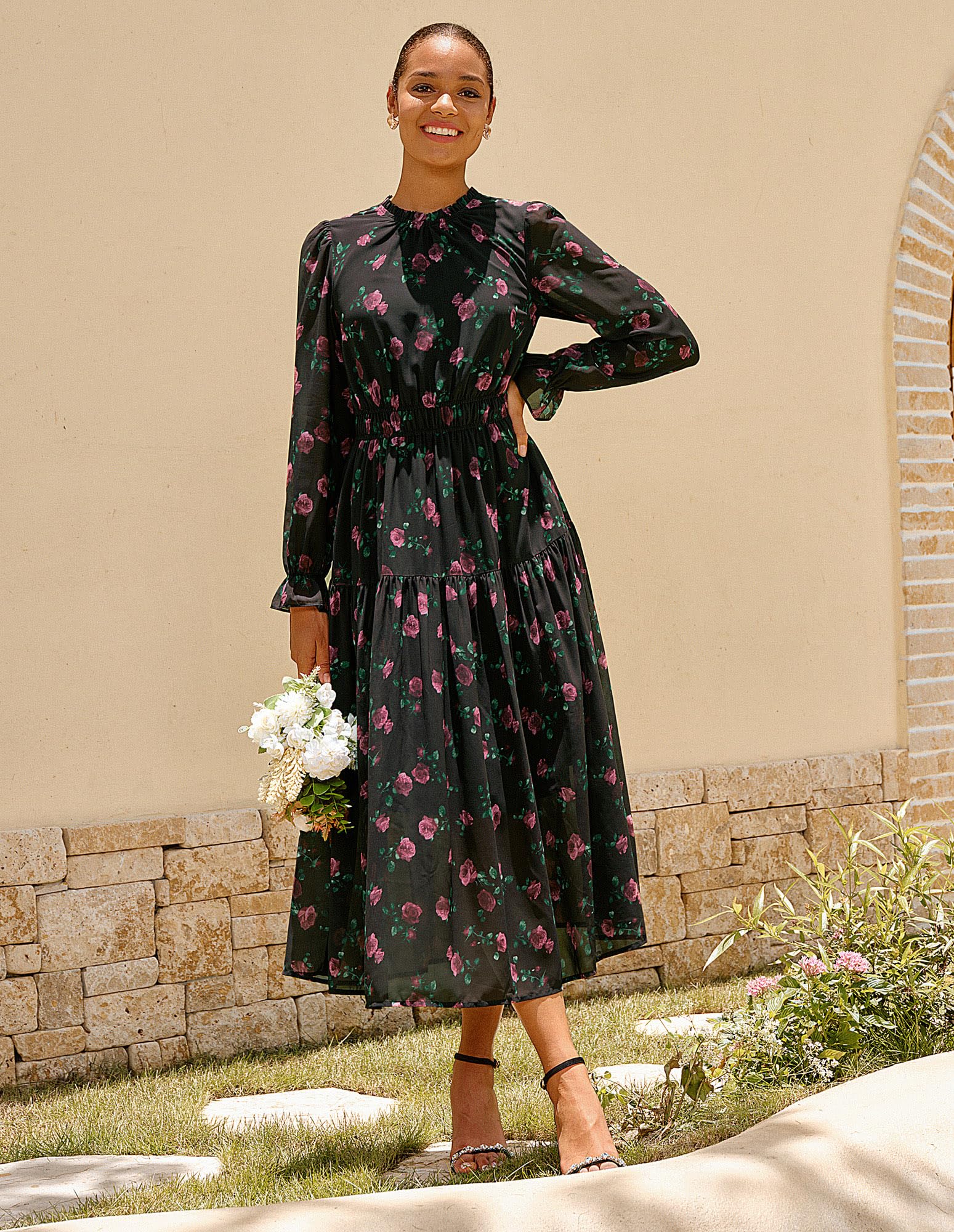 Snapklik.com : Womens Floral Chiffon Dresses Puff Long Sleeve Flowy Wedding  Guest Dress Smocked Tiered Maxi Dresses Black L