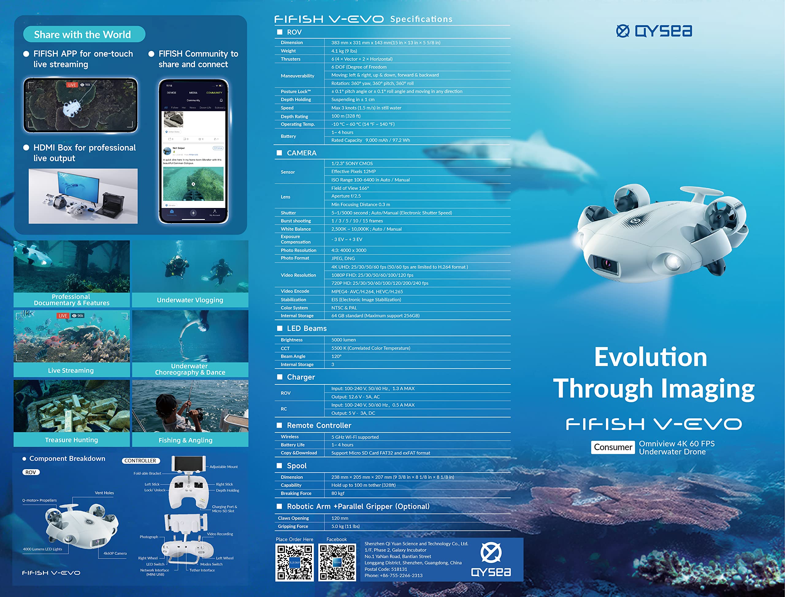Fifish V-VEO Drone Submarino VR, Robot ROV Con Bloqueo de Postura, Rollo de 360°, Cámara 4K UHD, Cable de 100 m, Buscador de Peces RC (Estándar +)