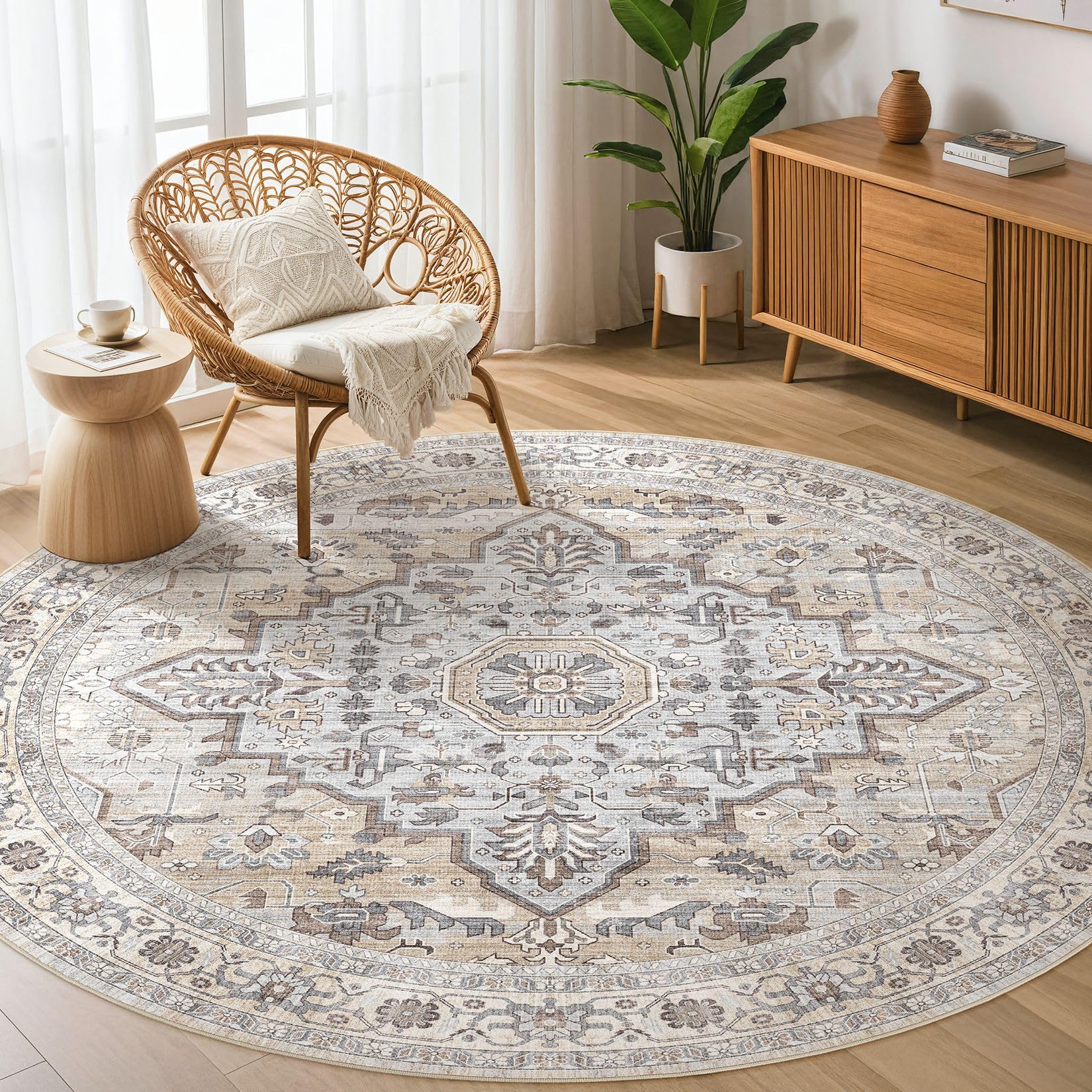 LOONGRUG Round Rug 6x6 Washable Vintage Boho Living Room Rug Ivory Gray