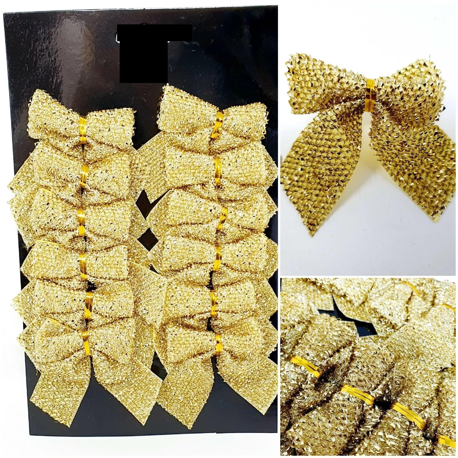 12 lazos dorados con purpurina de 6 cm, decoración de árbol de Navidad, boda, tarjeta de árbol