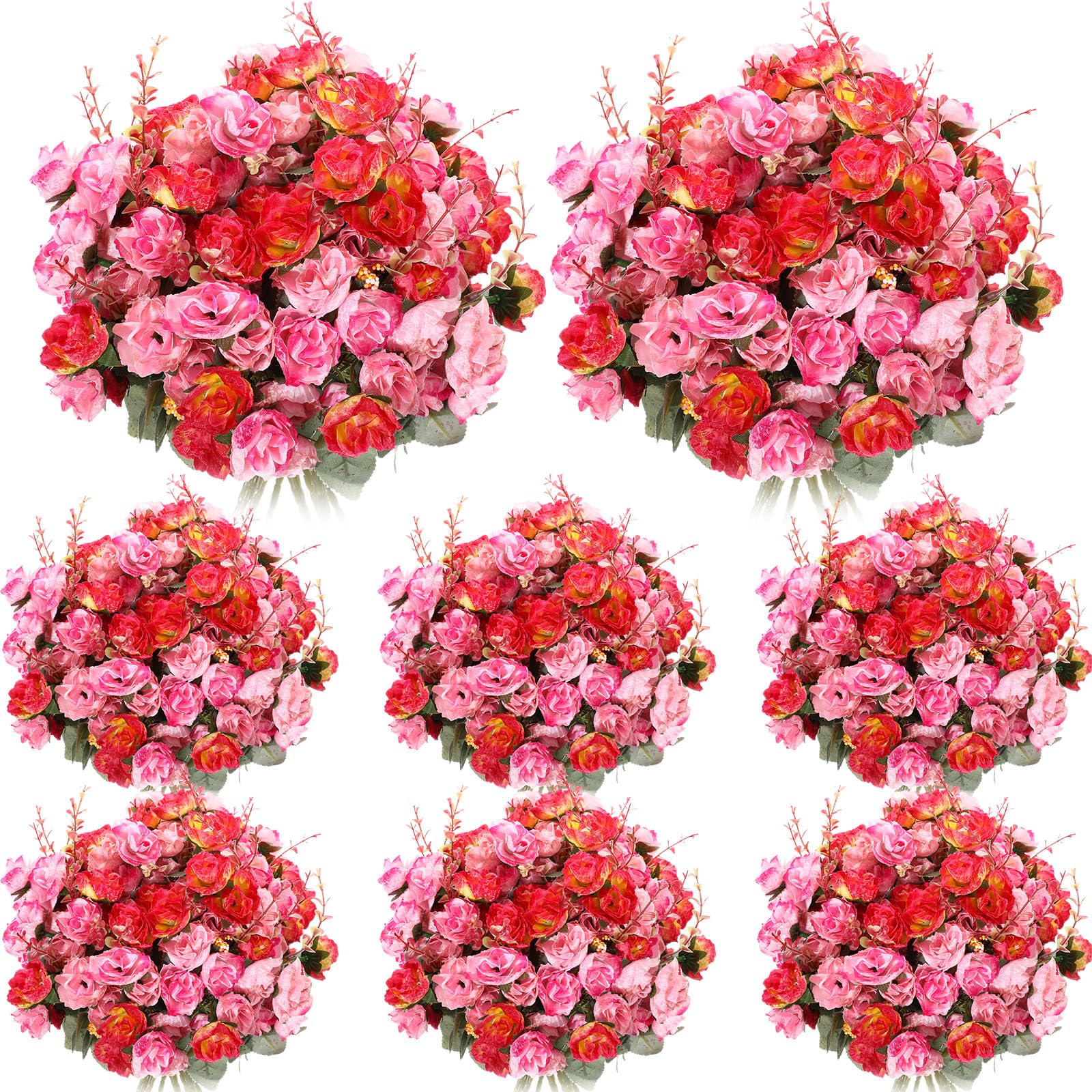 Geosar 8 Pcs Artificial Rose Bouquet Fake Flowers Bundles 21 Heads Faux Floral Bouquet Leaf with Stem DIY Bride Fake Rose for Home Bridal Wedding Arrangements Centerpieces Party Decor (Rose Red)