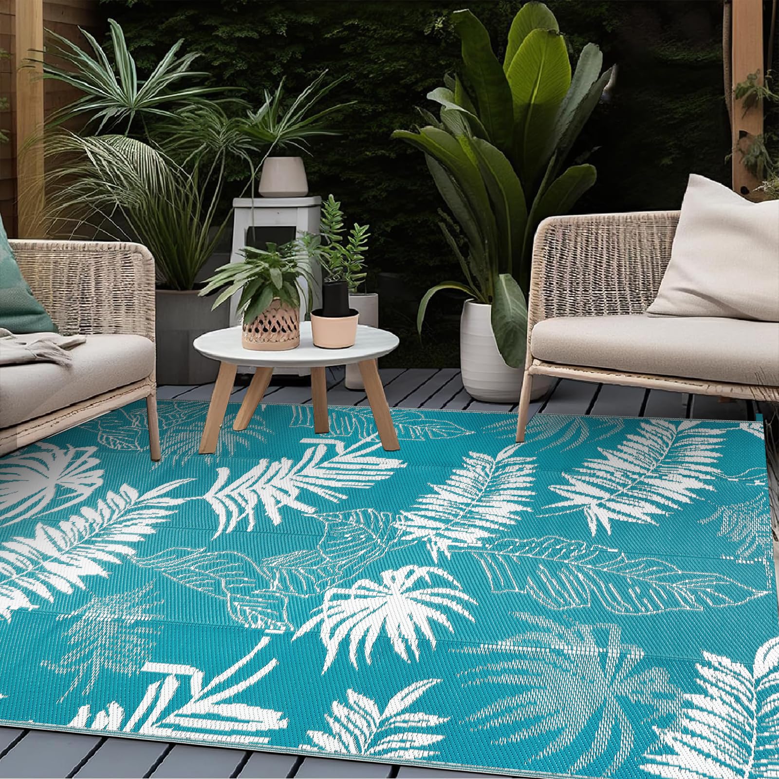 Falflor Alfombra reversible para exteriores, 150 x 245 cm, impermeable, grande, de plástico, ligera, para interiores y exteriores, alfombra de paja de plástico para camping, terraza, caravana, patio