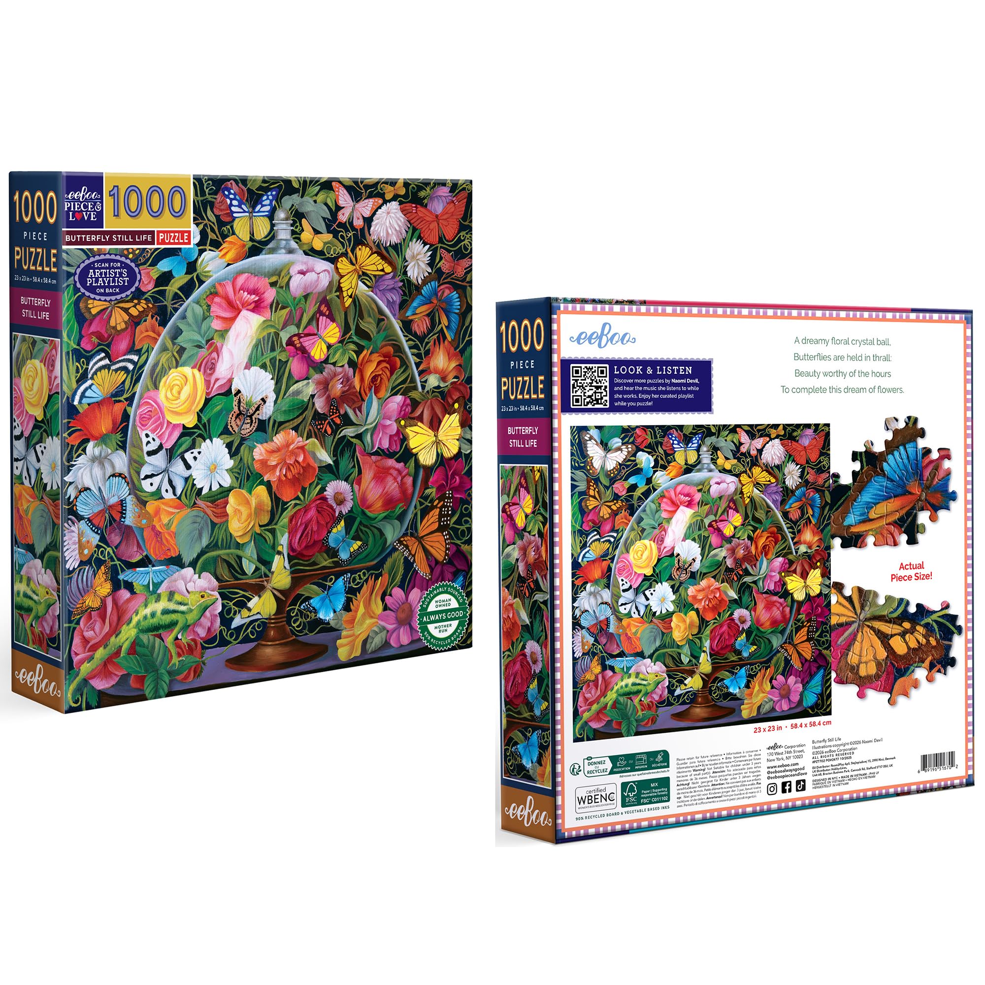 eeBoo 1000 Piece Puzzle -  Jigsaw Puzzle for Adults, Square 23" x 23" Made with Recycled Board & Vegetable-Based Ink: Butterfly Still Life