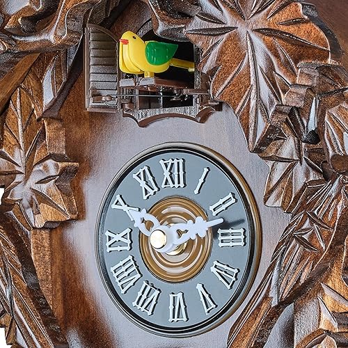 Miniatura 7 de TIMEGEAR Reloj de cuco con modo nocturno automático, movimiento de cuarzo y cabeza de ciervo tallada (marrón oscuro)