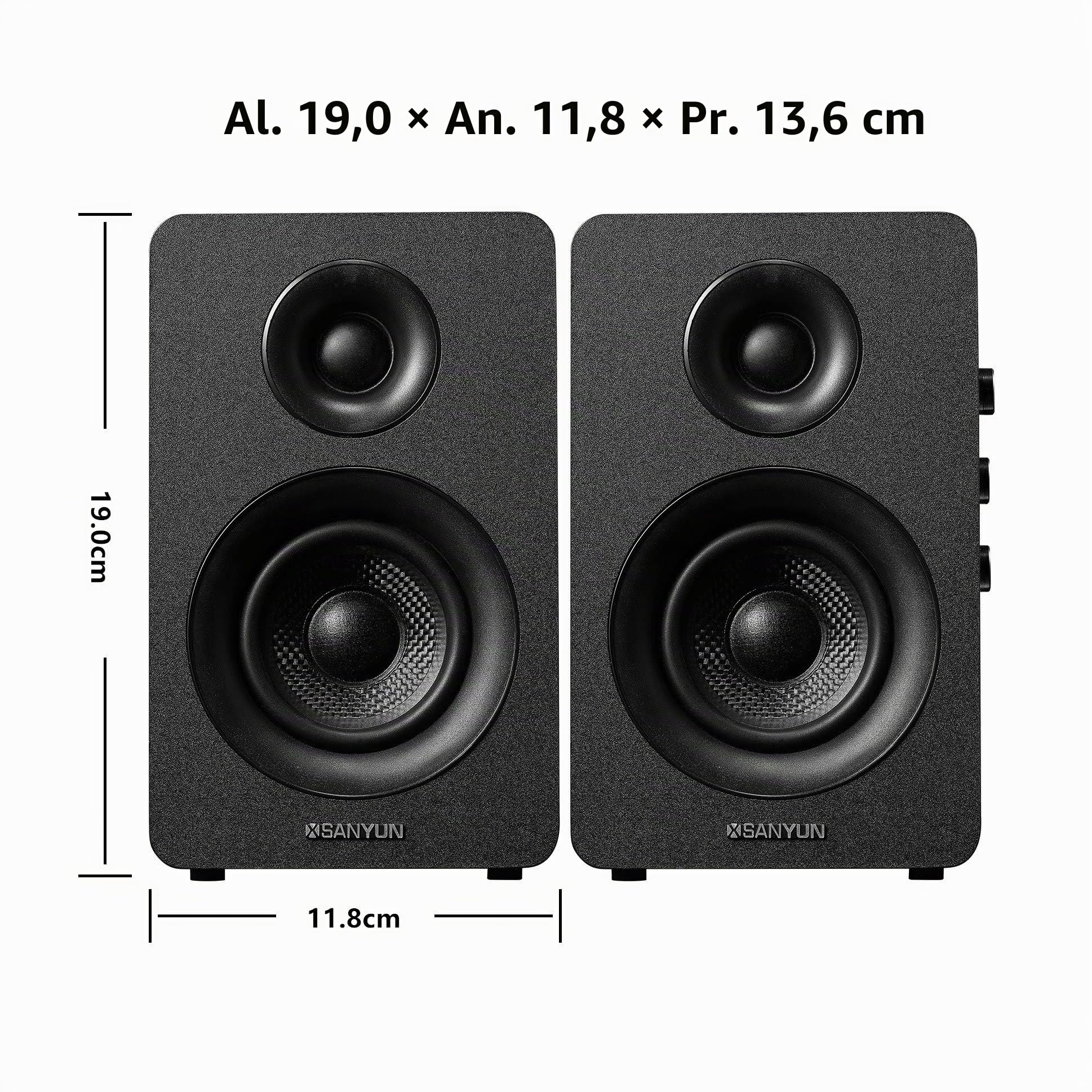 Sanyun SW208 Altavoces de estantería Activos Bluetooth 5.0 de 3 "- Unidad de Altavoz de Fibra de Carbono de 60W - DAC Integrado de 24bits - Altavoces para Juegos de Monitor de computadora(par, Negro)