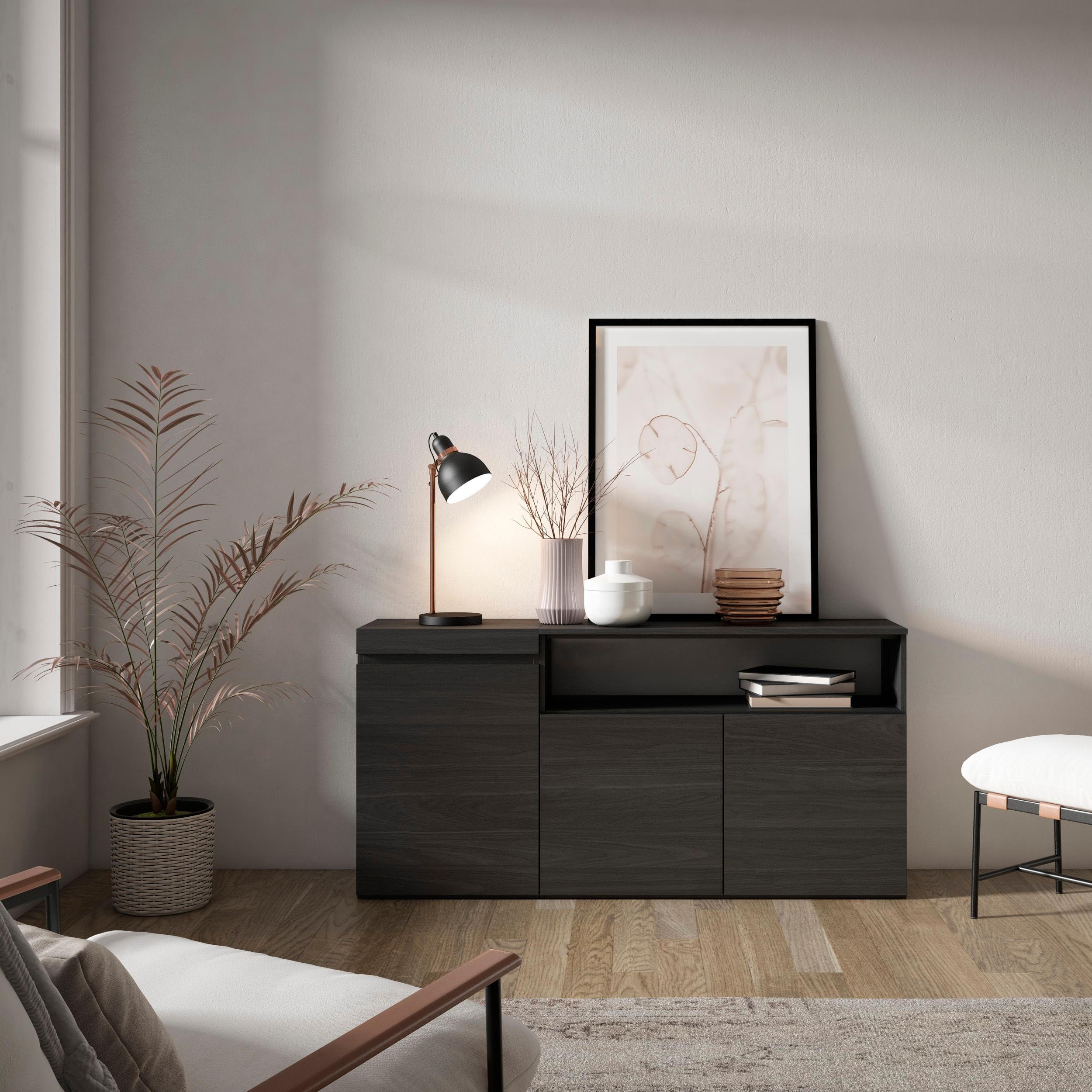Skraut Home | Credenza, Mobile, Cucina | Madia, mobile ingresso | 150x75x35cm | 3 Porte | grande stoccaggio | Stile moderno | Nero