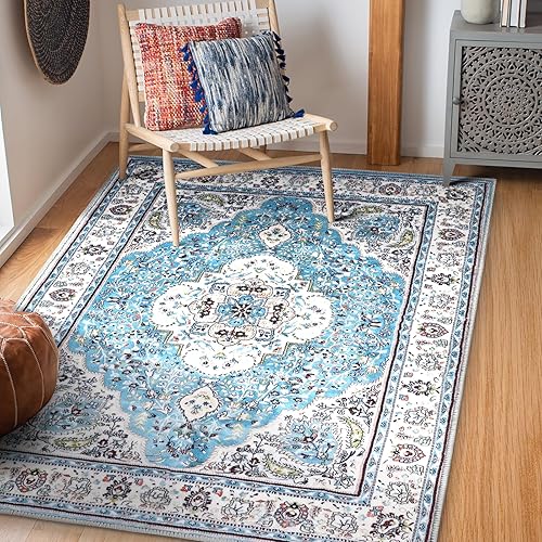 COMSLE Alfombra de lana sintética de 4 x 6 pies para cocina, estilo bohemio, lavable, antideslizante, envejecida, alfombra de piso suave para