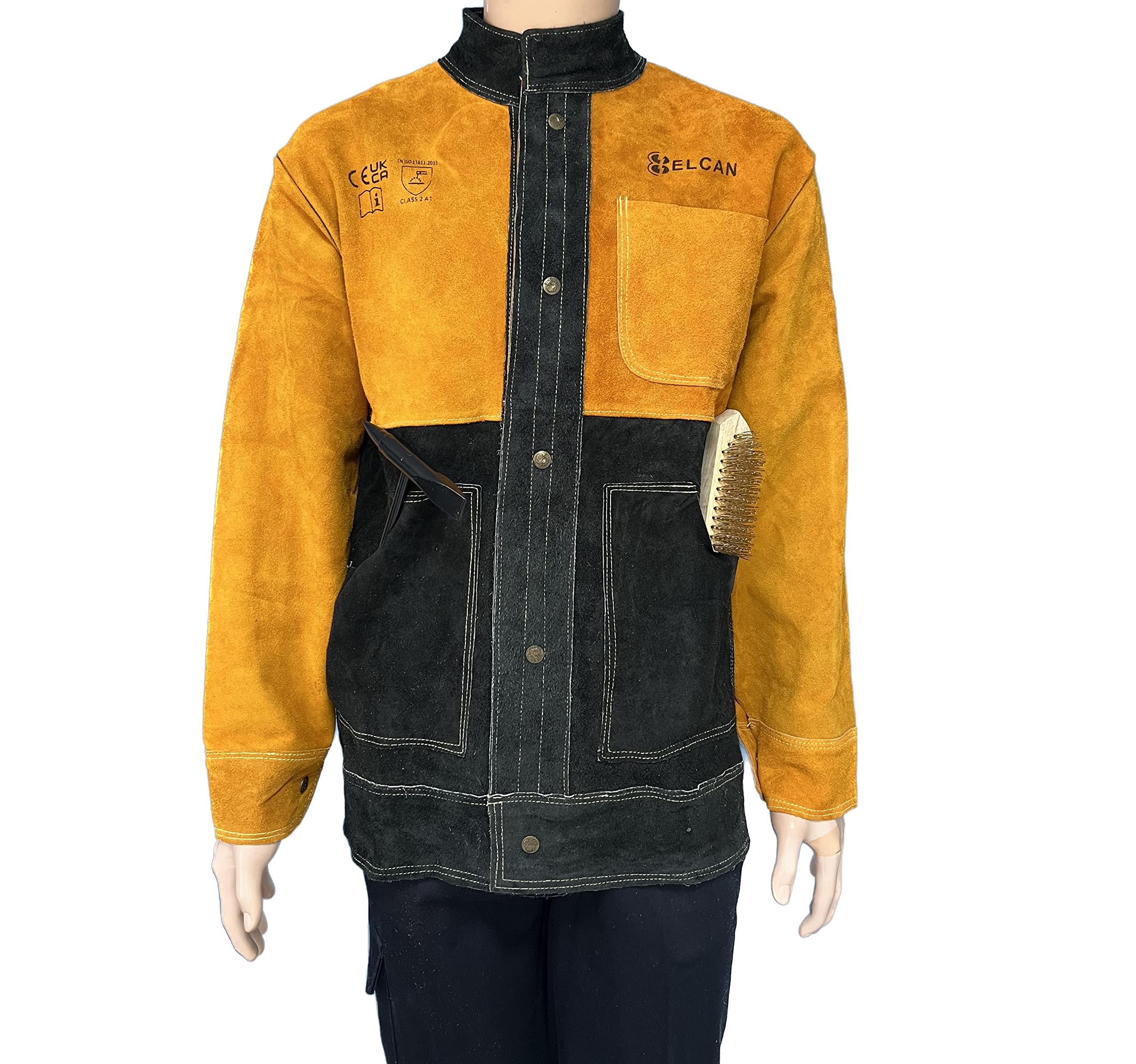 ELCAN Chaqueta de soldadura profesional de cuero amarillo y negro ignífugo resistente al calor, ropa de trabajo para soldar electrodo, TIG, MIG, MAG, barbacoas, chimeneas, hornos… (Talla L)