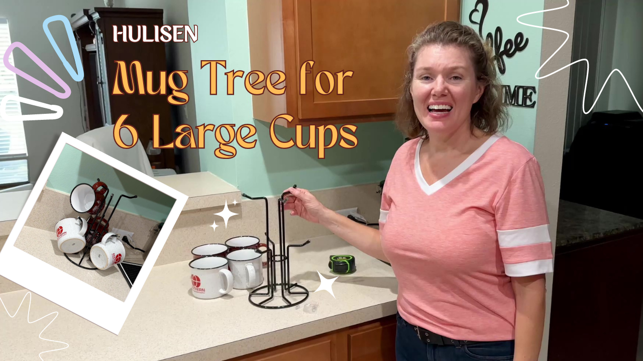 HULISEN 360° Rotating Mug Tree - 6 Hook Coffee Cup Holder With Wood Base