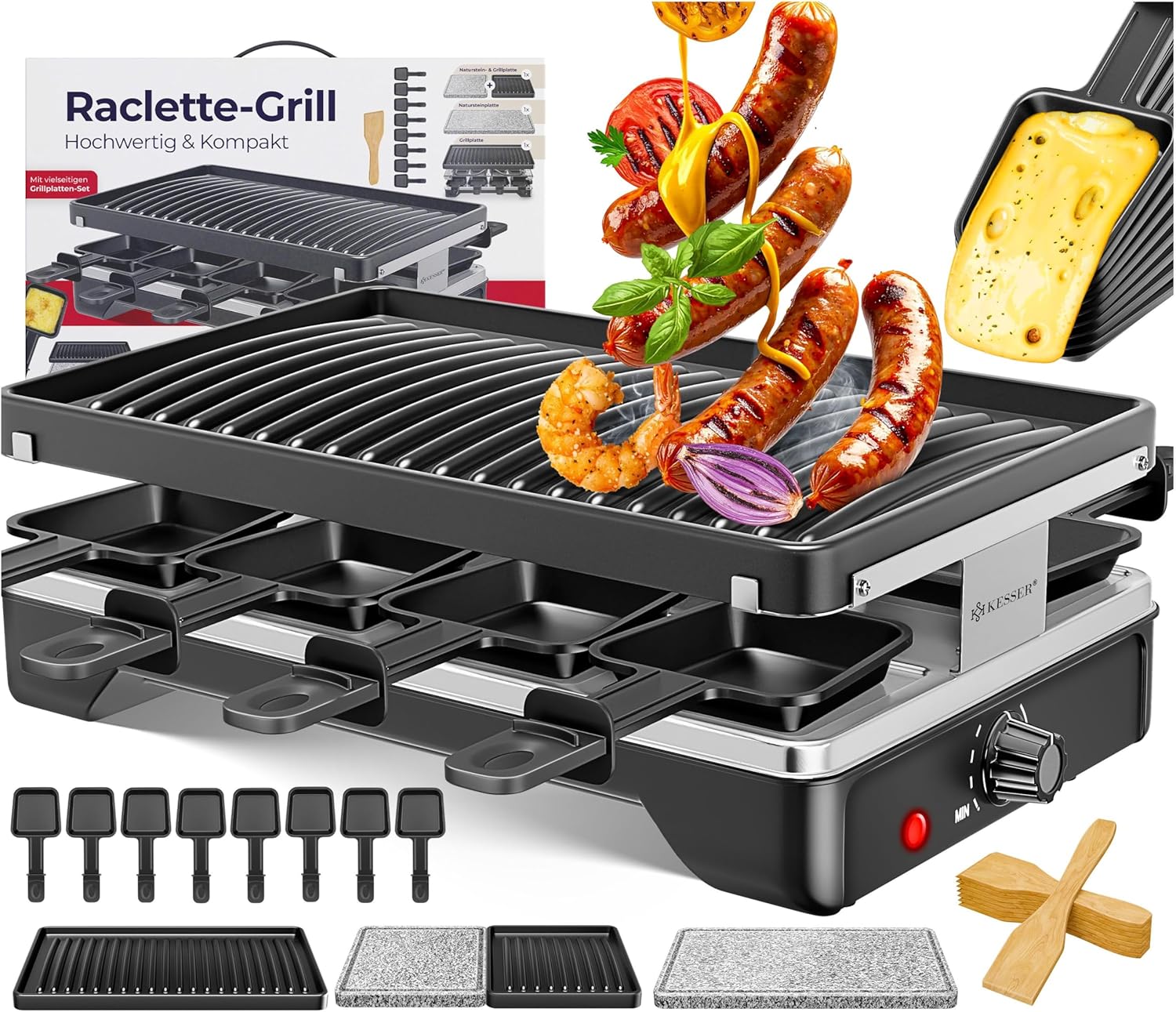 KESSER® Raclette Grill with Natural Grill Stone, Grill Plate Table Grill for 8 People, Electric Grill Raclette Grill with Non-Stick Coating, 8 Pans and Wooden Spatula 1200W (Black)