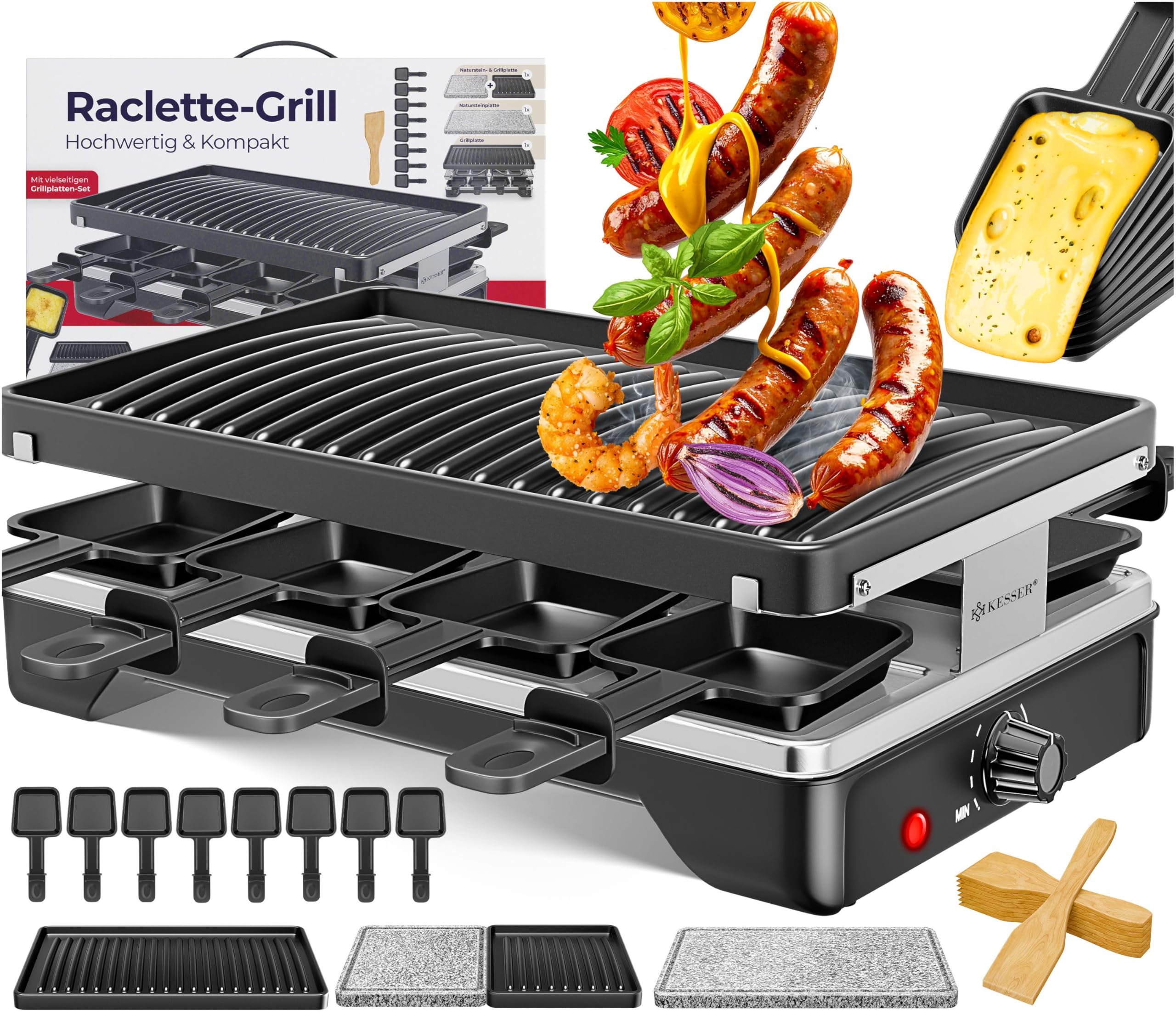 KESSER® Raclette-Grill mit Naturgrillstein, Grillplatte Tischgrill für 8 Personen, Elektrogrill Raclette Grill antihaftbeschichteter Grillplatte, 8 Pfannen und Holzspatel 1200W