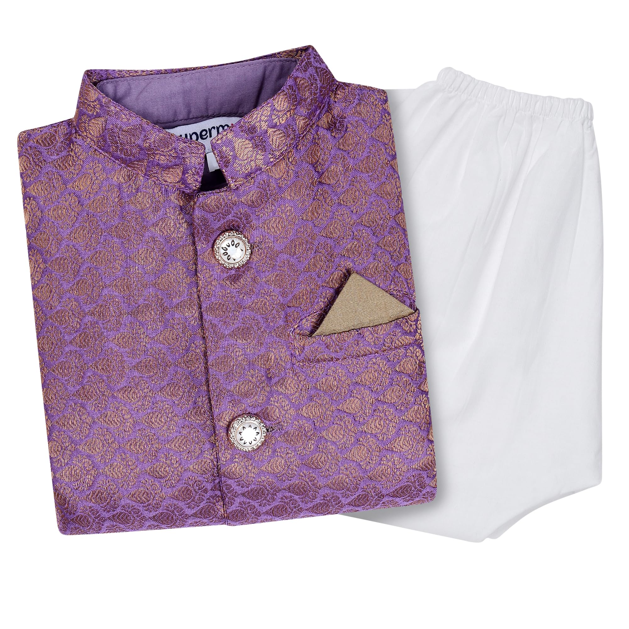 superminis Boy's Cottton Kurta With Golden Thread Work Nehru Jacket and Elastic Closure Pyjama Set